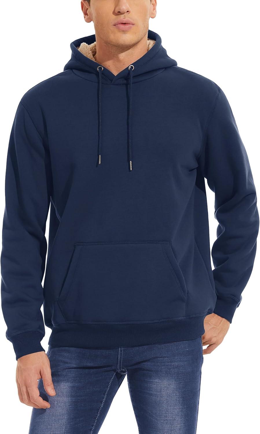 imageMAGCOMSEN Mens Heavy Hoodie Sherpa Fleece Lined Pullover Thick Winter Hooded SweatshirtNavy