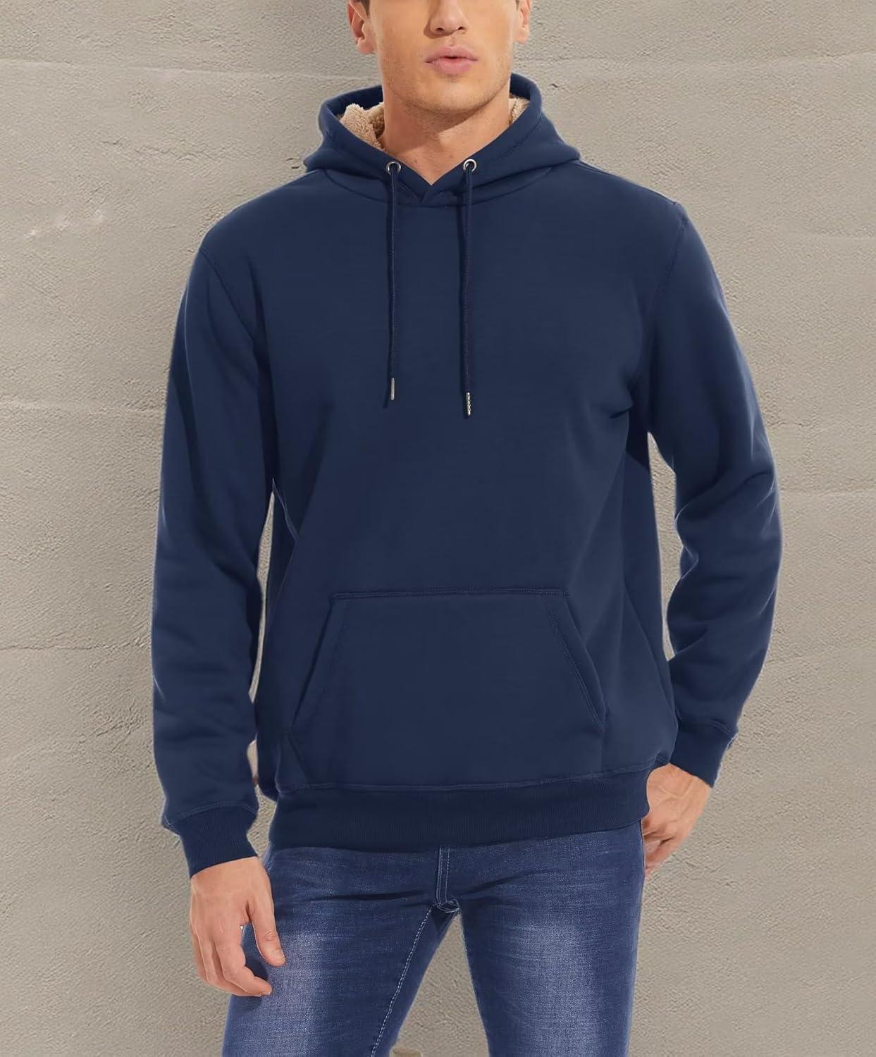 imageMAGCOMSEN Mens Heavy Hoodie Sherpa Fleece Lined Pullover Thick Winter Hooded SweatshirtNavy