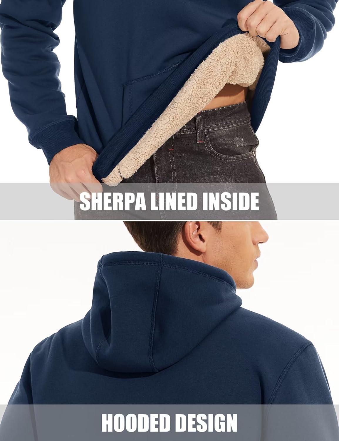 imageMAGCOMSEN Mens Heavy Hoodie Sherpa Fleece Lined Pullover Thick Winter Hooded SweatshirtNavy