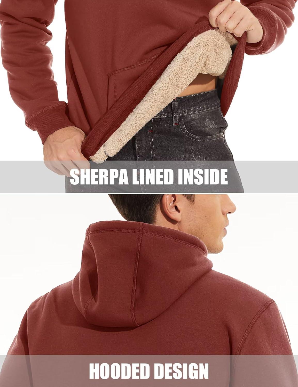imageMAGCOMSEN Mens Heavy Hoodie Sherpa Fleece Lined Pullover Thick Winter Hooded SweatshirtOrange Red
