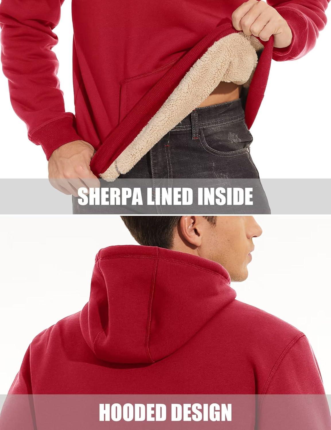 imageMAGCOMSEN Mens Heavy Hoodie Sherpa Fleece Lined Pullover Thick Winter Hooded SweatshirtTomato Red