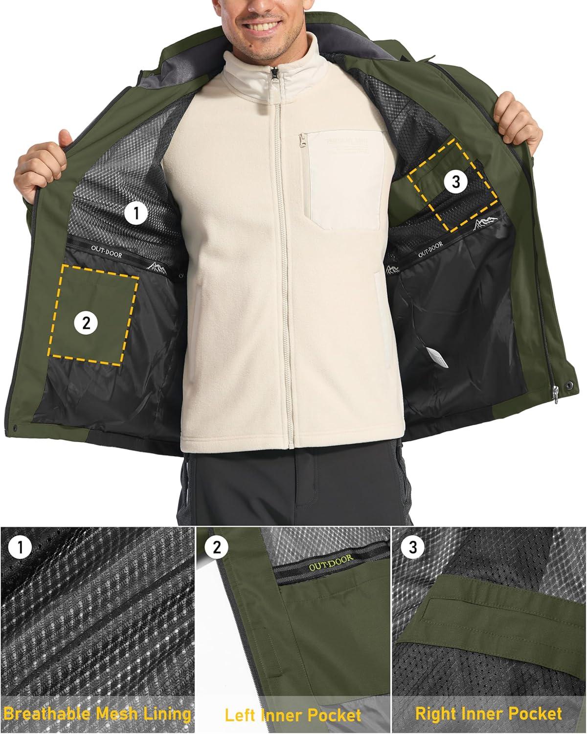 imageMAGCOMSEN Mens Hooded Windproof Water Resistant Rain Jacket Windbreaker 5 Pockets for HikingFishingTravelArmy Green