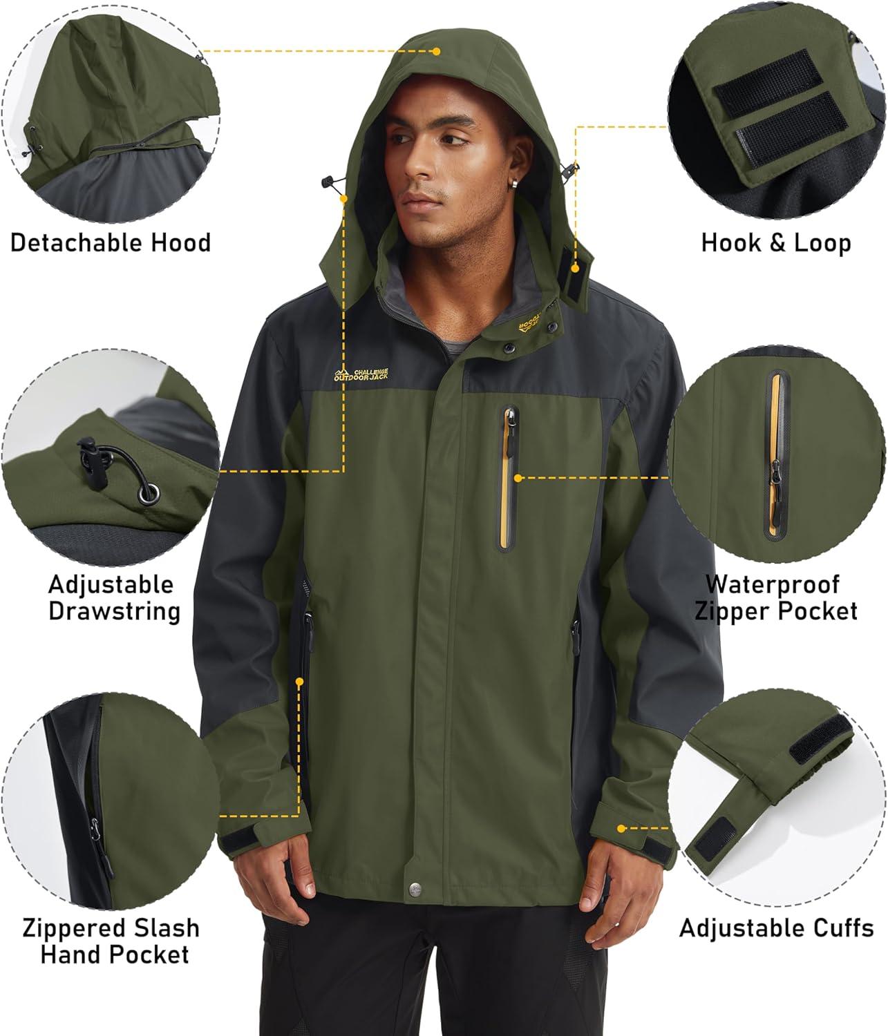 imageMAGCOMSEN Mens Hooded Windproof Water Resistant Rain Jacket Windbreaker 5 Pockets for HikingFishingTravelArmy Green