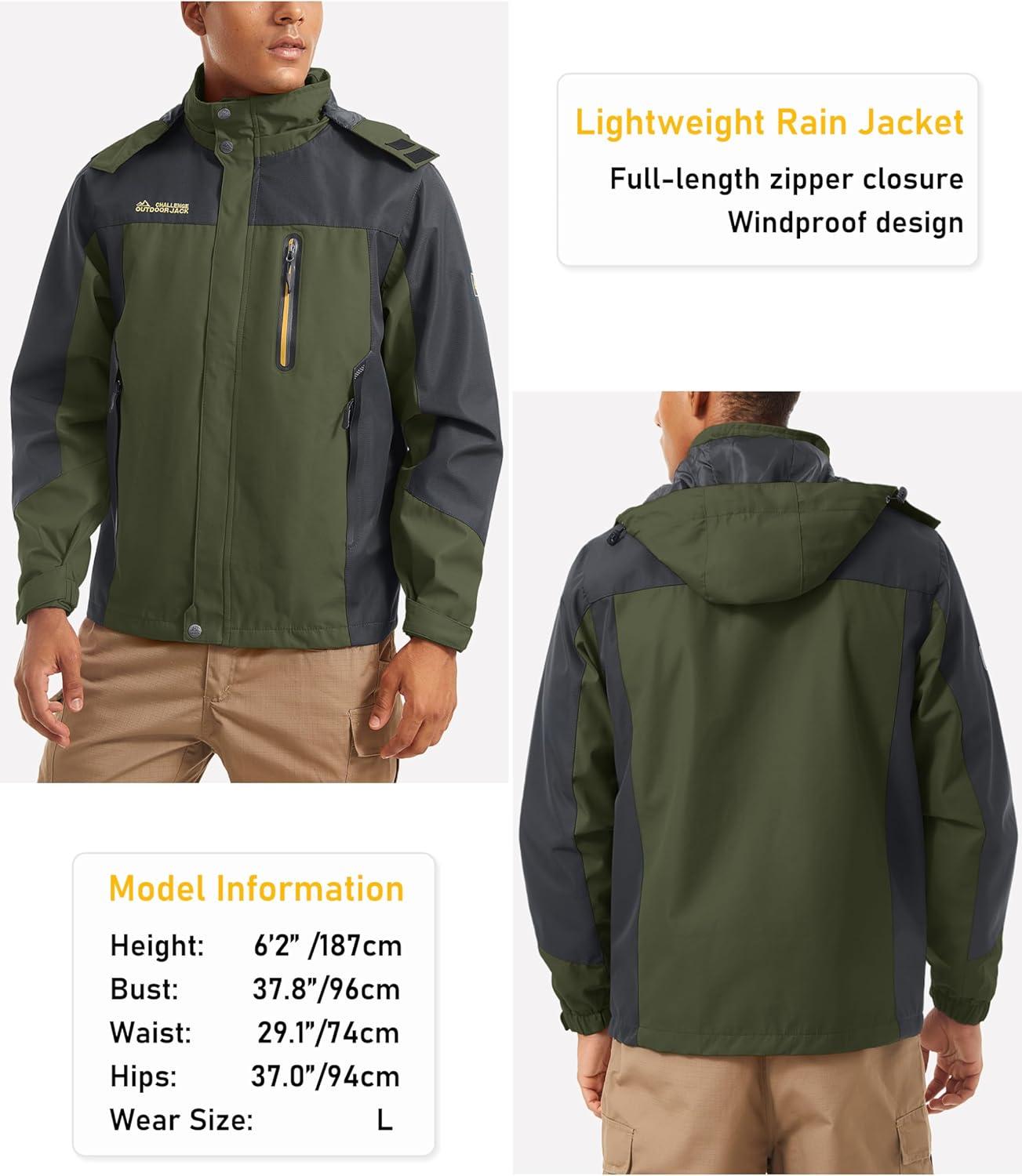 imageMAGCOMSEN Mens Hooded Windproof Water Resistant Rain Jacket Windbreaker 5 Pockets for HikingFishingTravelArmy Green