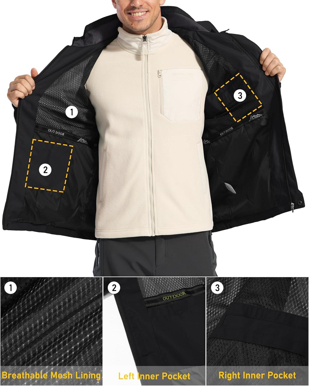 imageMAGCOMSEN Mens Hooded Windproof Water Resistant Rain Jacket Windbreaker 5 Pockets for HikingFishingTravelBlack
