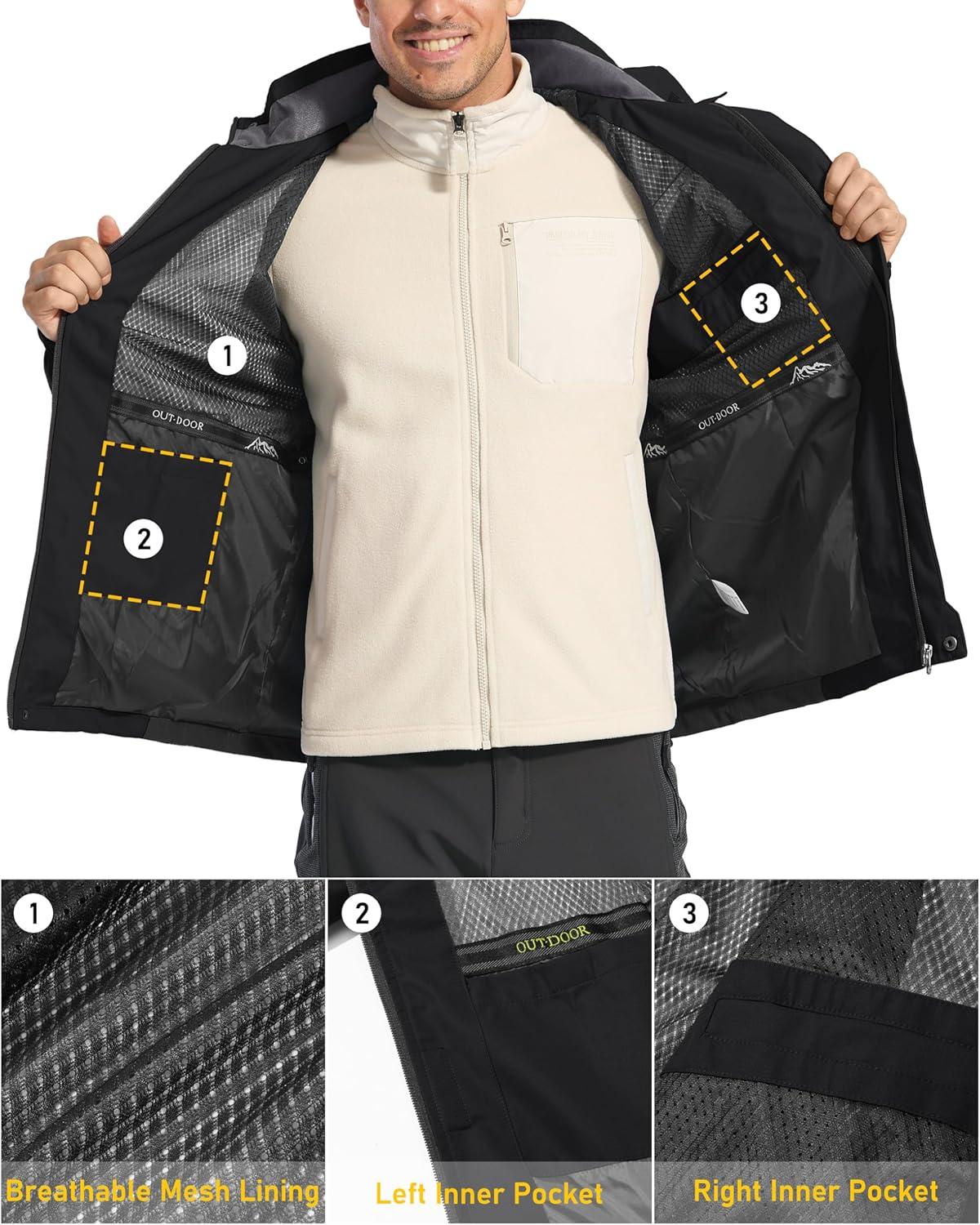 imageMAGCOMSEN Mens Hooded Windproof Water Resistant Rain Jacket Windbreaker 5 Pockets for HikingFishingTravelBlack Grey