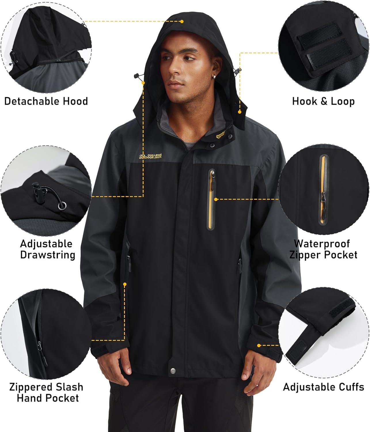 imageMAGCOMSEN Mens Hooded Windproof Water Resistant Rain Jacket Windbreaker 5 Pockets for HikingFishingTravelBlack Grey