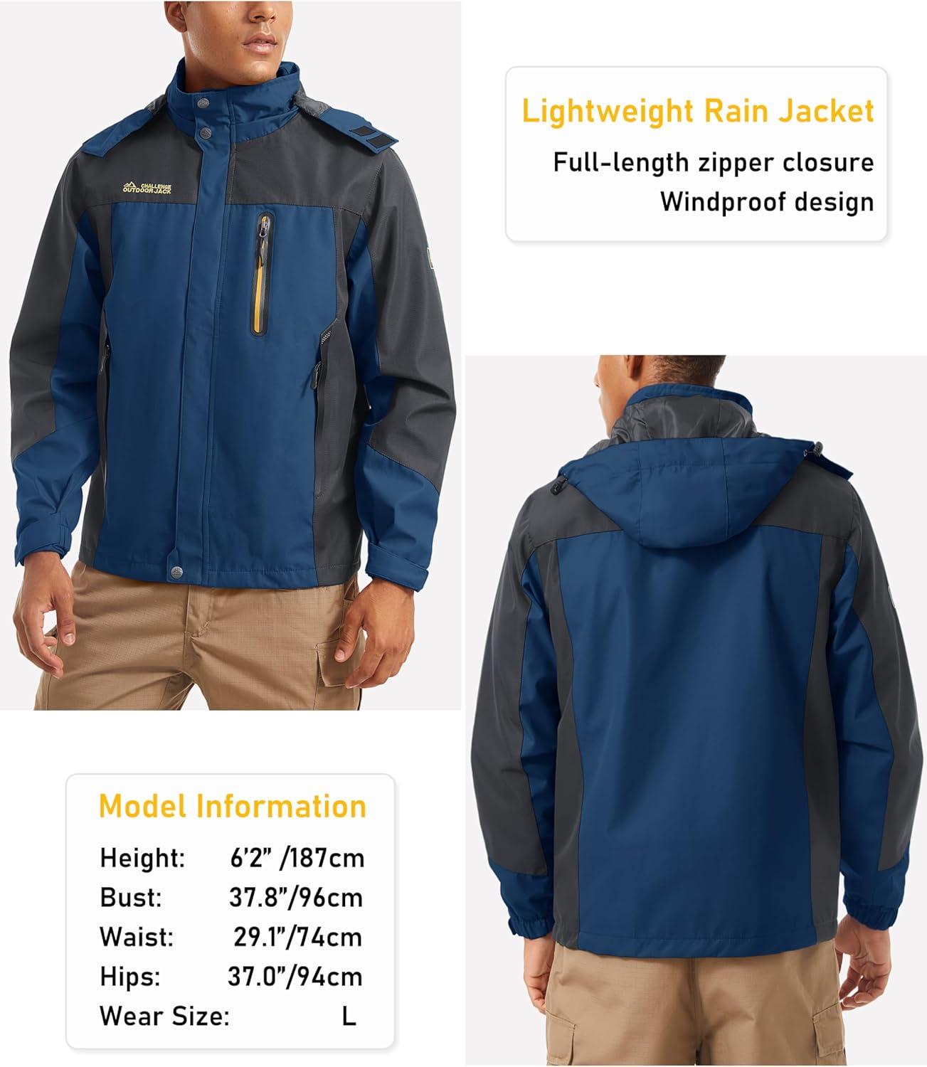 imageMAGCOMSEN Mens Hooded Windproof Water Resistant Rain Jacket Windbreaker 5 Pockets for HikingFishingTravelDenim Blue