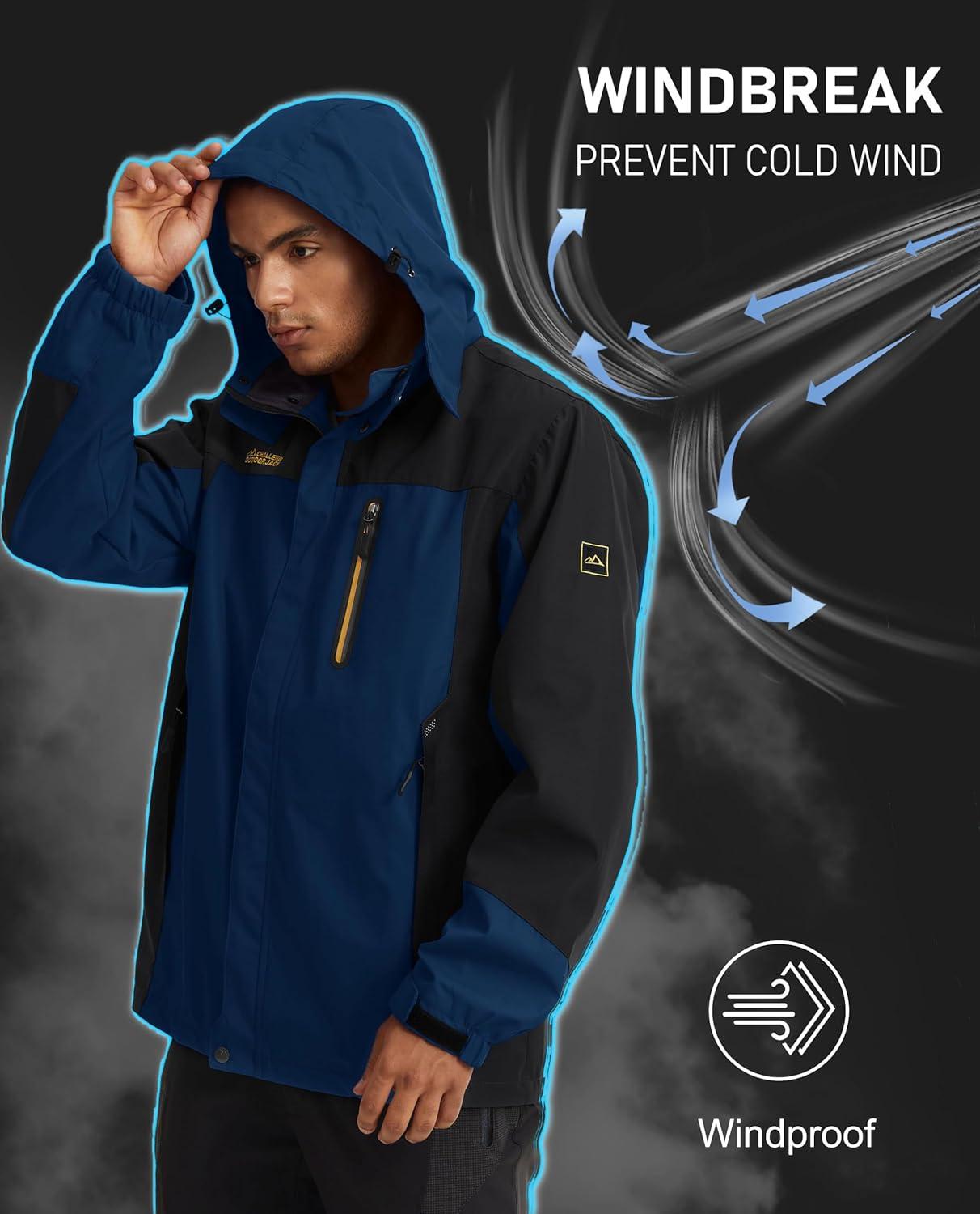 imageMAGCOMSEN Mens Hooded Windproof Water Resistant Rain Jacket Windbreaker 5 Pockets for HikingFishingTravelDenim Blue
