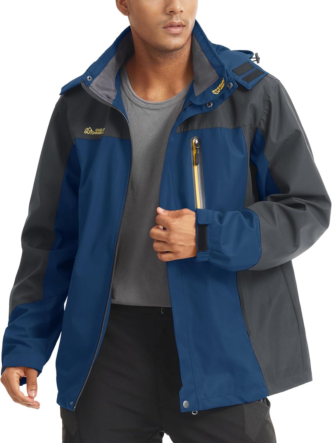 imageMAGCOMSEN Mens Hooded Windproof Water Resistant Rain Jacket Windbreaker 5 Pockets for HikingFishingTravelDenim Blue