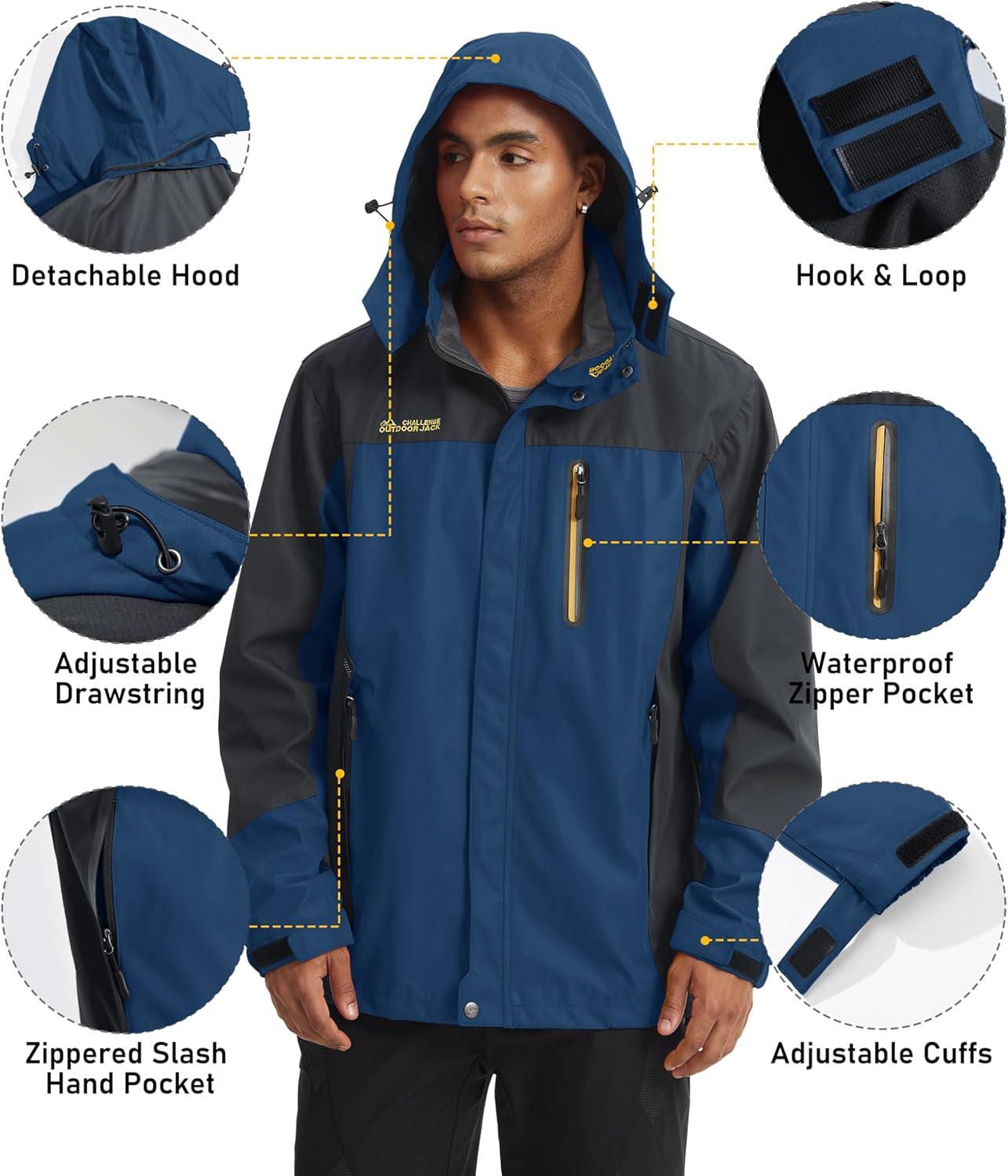 imageMAGCOMSEN Mens Hooded Windproof Water Resistant Rain Jacket Windbreaker 5 Pockets for HikingFishingTravelDenim Blue