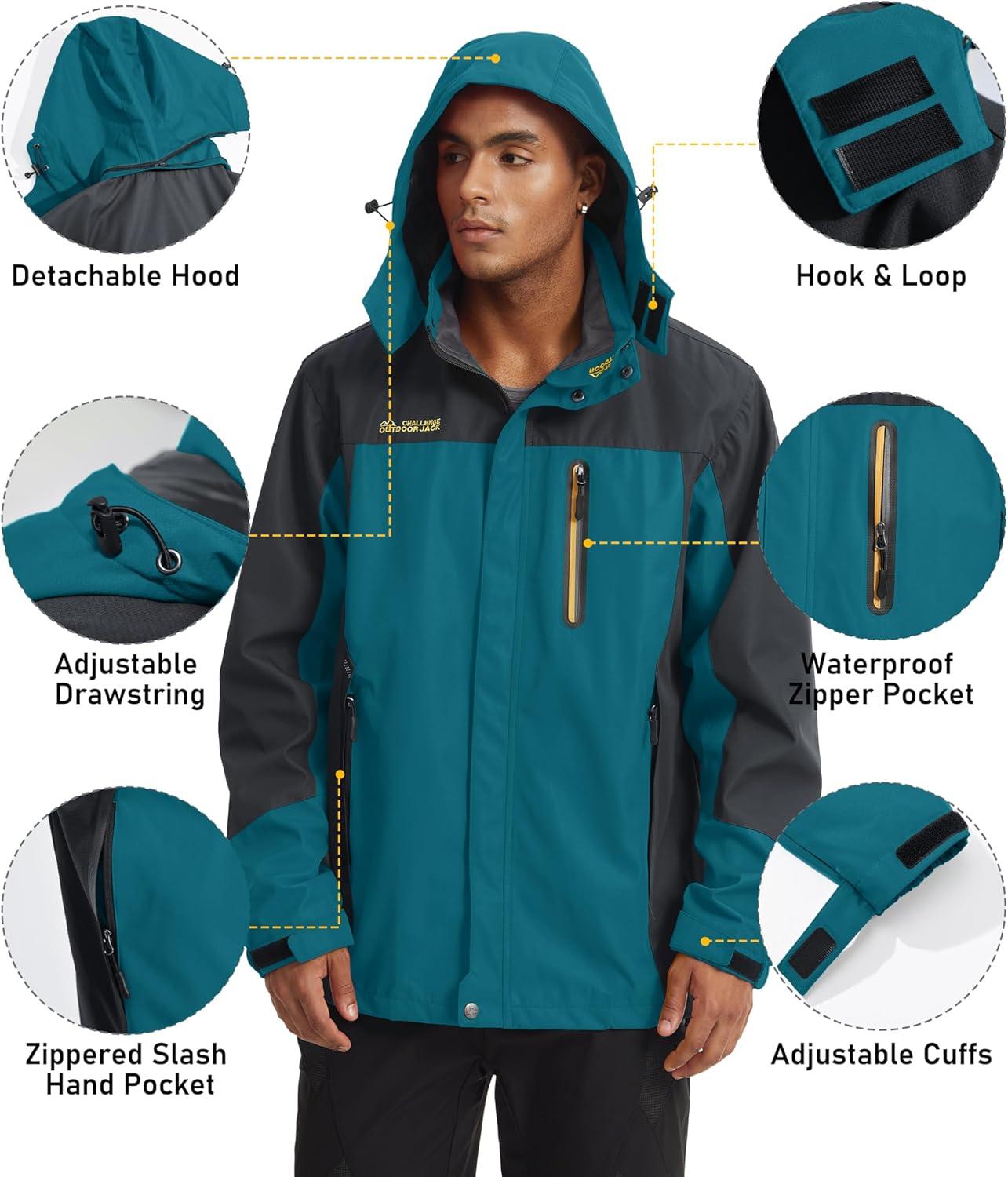 imageMAGCOMSEN Mens Hooded Windproof Water Resistant Rain Jacket Windbreaker 5 Pockets for HikingFishingTravelLake Blue