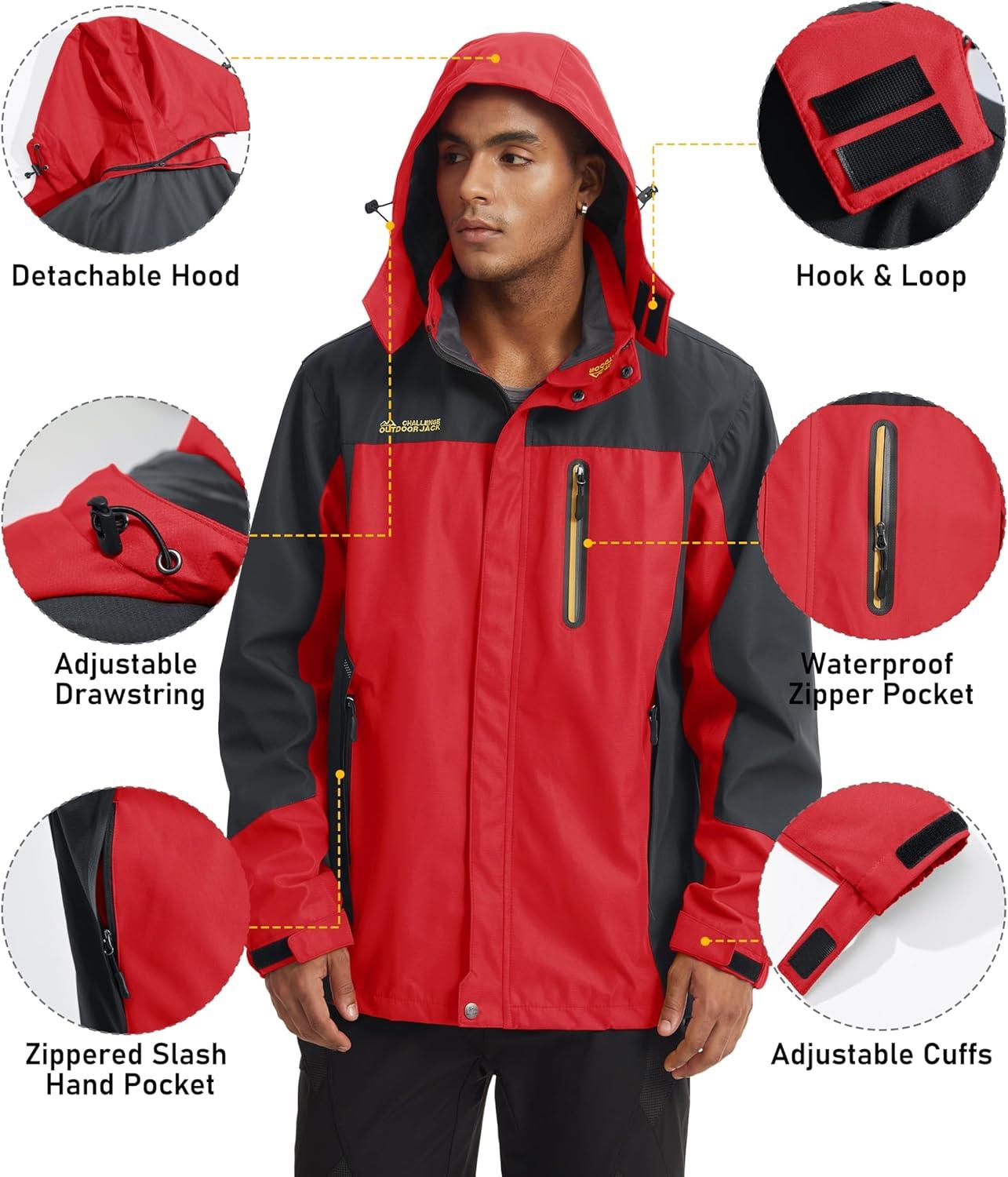 imageMAGCOMSEN Mens Hooded Windproof Water Resistant Rain Jacket Windbreaker 5 Pockets for HikingFishingTravelRed Grey