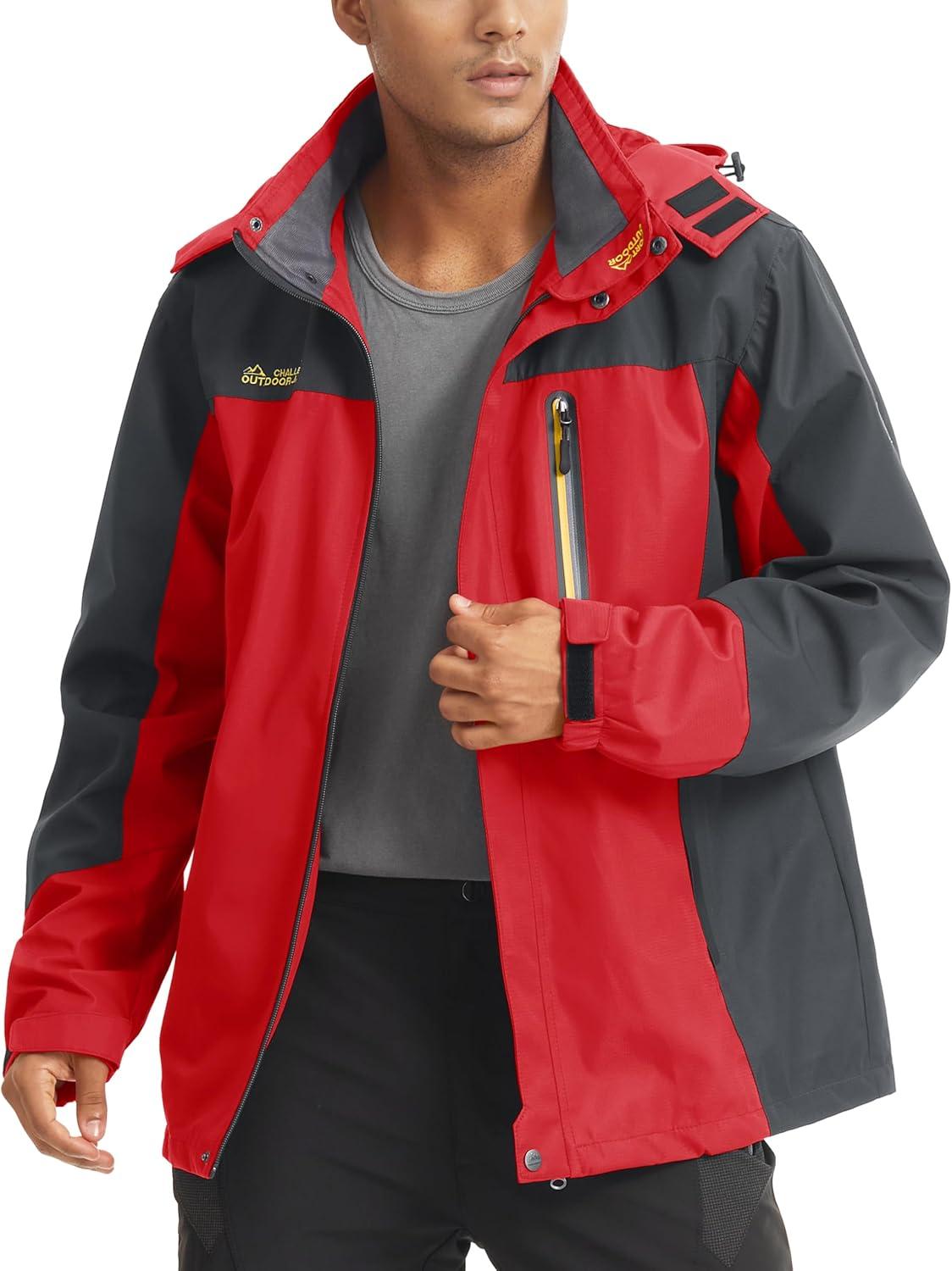 imageMAGCOMSEN Mens Hooded Windproof Water Resistant Rain Jacket Windbreaker 5 Pockets for HikingFishingTravelRed Grey