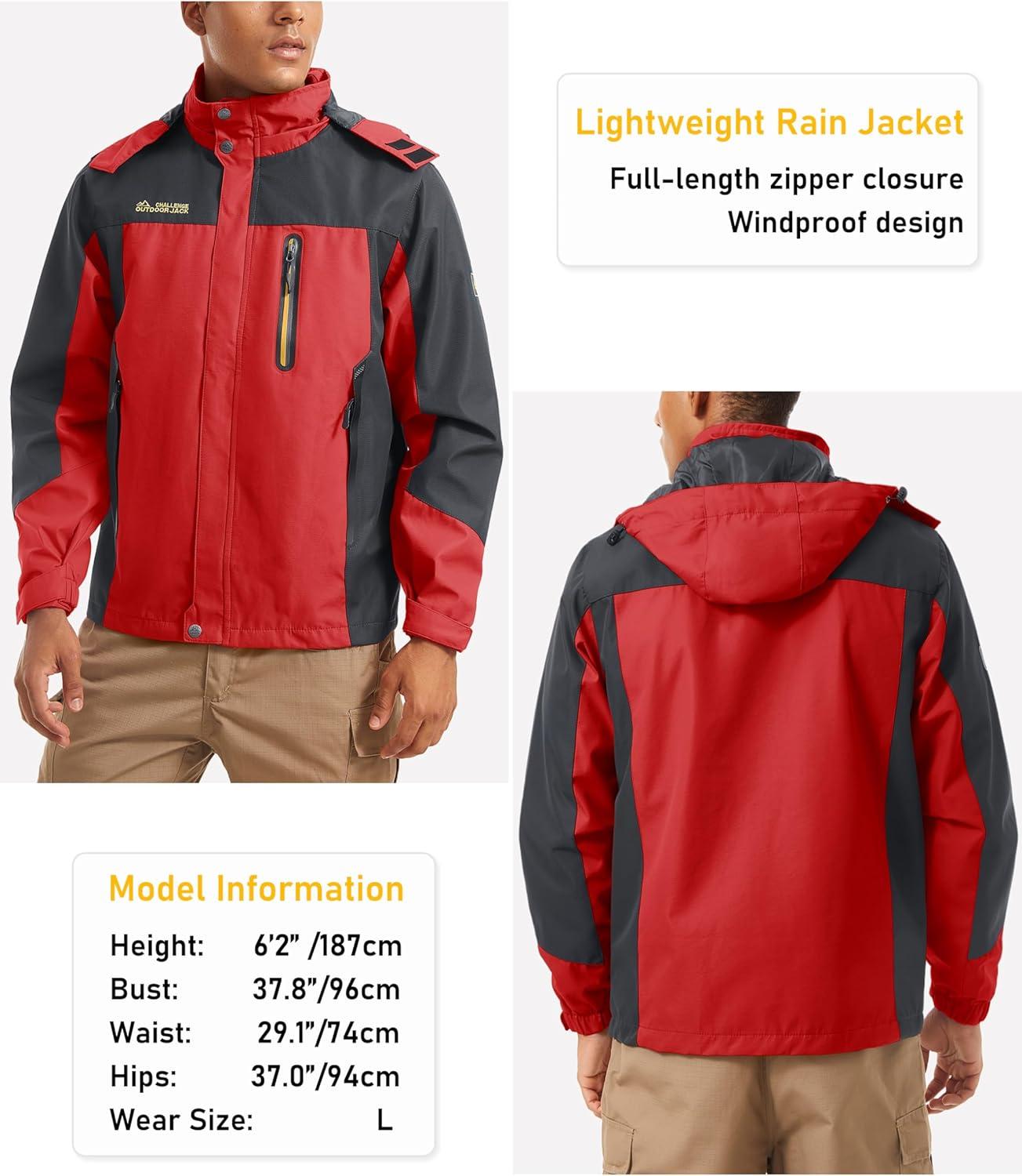 imageMAGCOMSEN Mens Hooded Windproof Water Resistant Rain Jacket Windbreaker 5 Pockets for HikingFishingTravelRed Grey