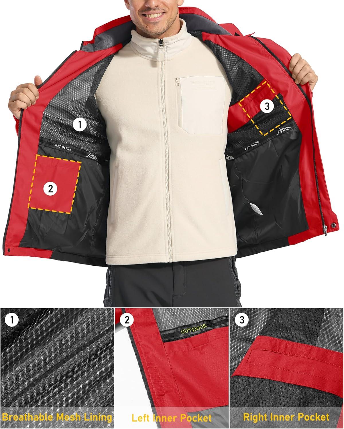 imageMAGCOMSEN Mens Hooded Windproof Water Resistant Rain Jacket Windbreaker 5 Pockets for HikingFishingTravelRed Grey