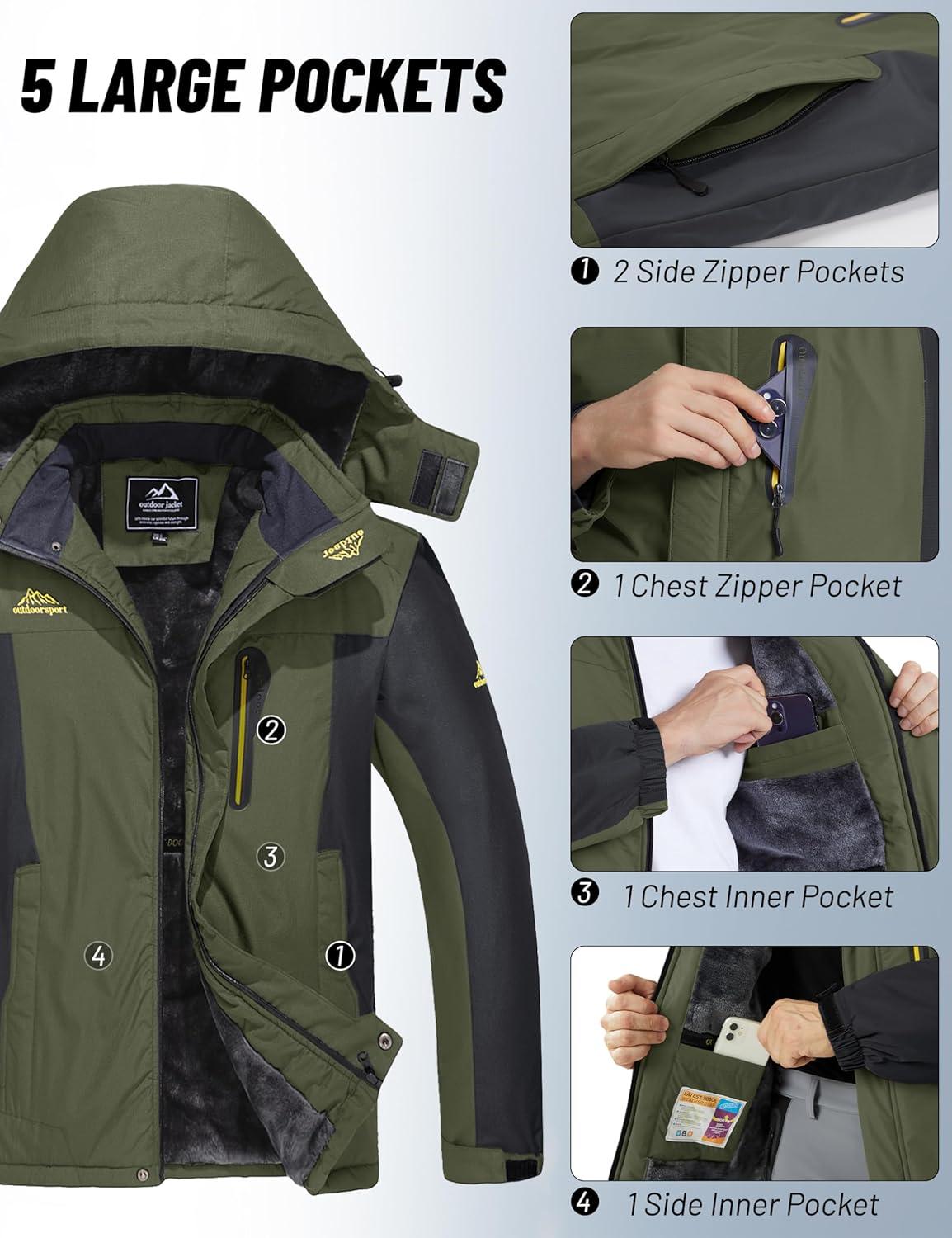 imageMAGCOMSEN Mens Winter Coats Water Resistant Snow Ski Jacket Fleece Lined Parka 5 PocketsArmy Green