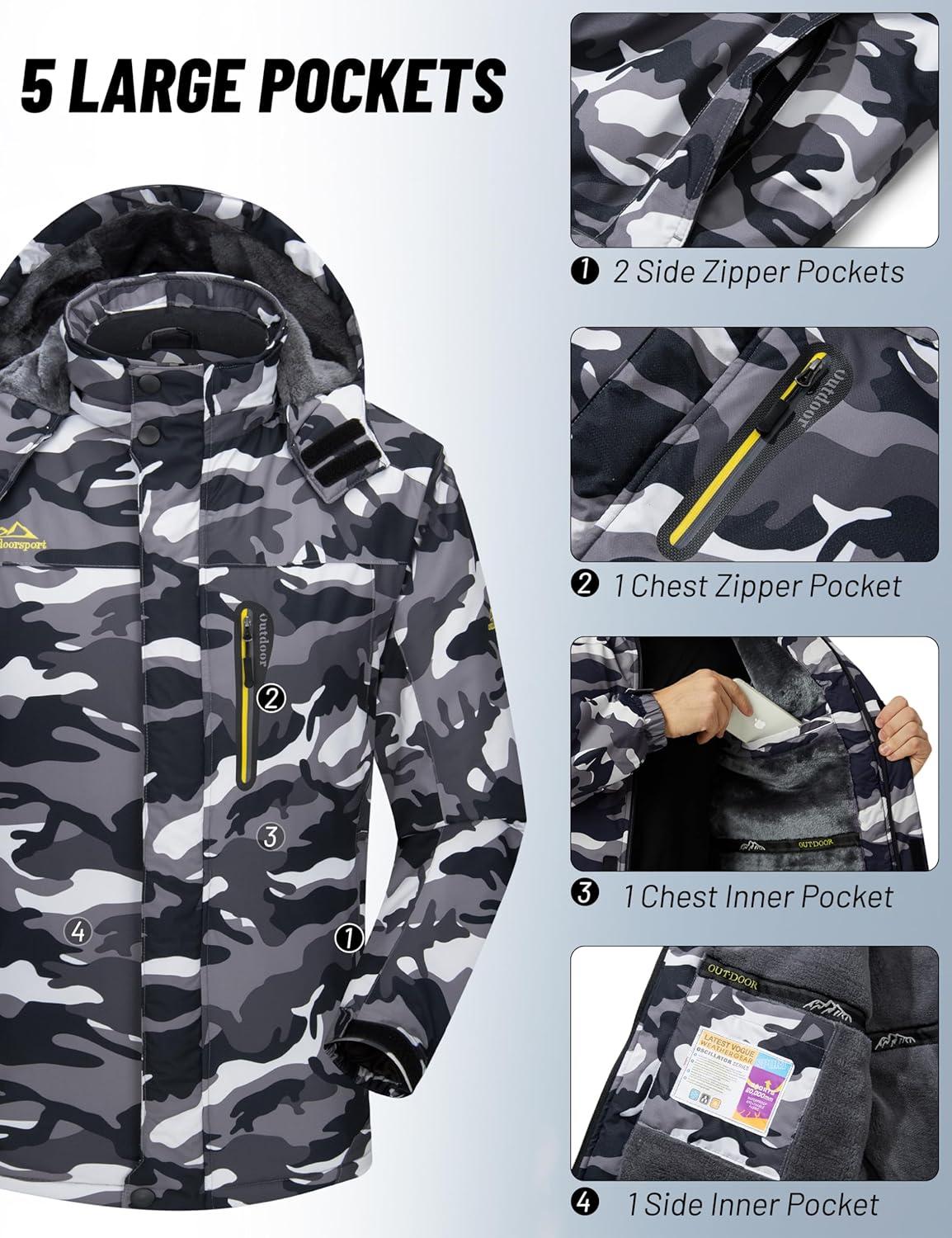imageMAGCOMSEN Mens Winter Coats Water Resistant Snow Ski Jacket Fleece Lined Parka 5 PocketsBlack Camouflage
