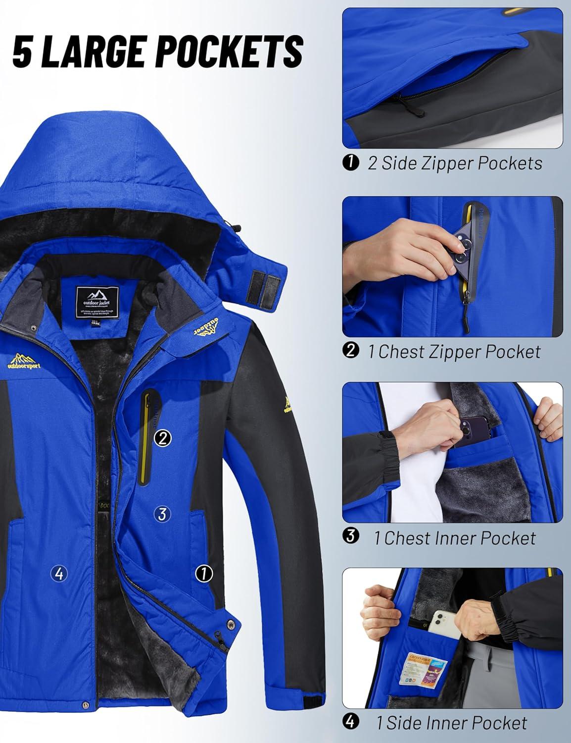 imageMAGCOMSEN Mens Winter Coats Water Resistant Snow Ski Jacket Fleece Lined Parka 5 PocketsBlue