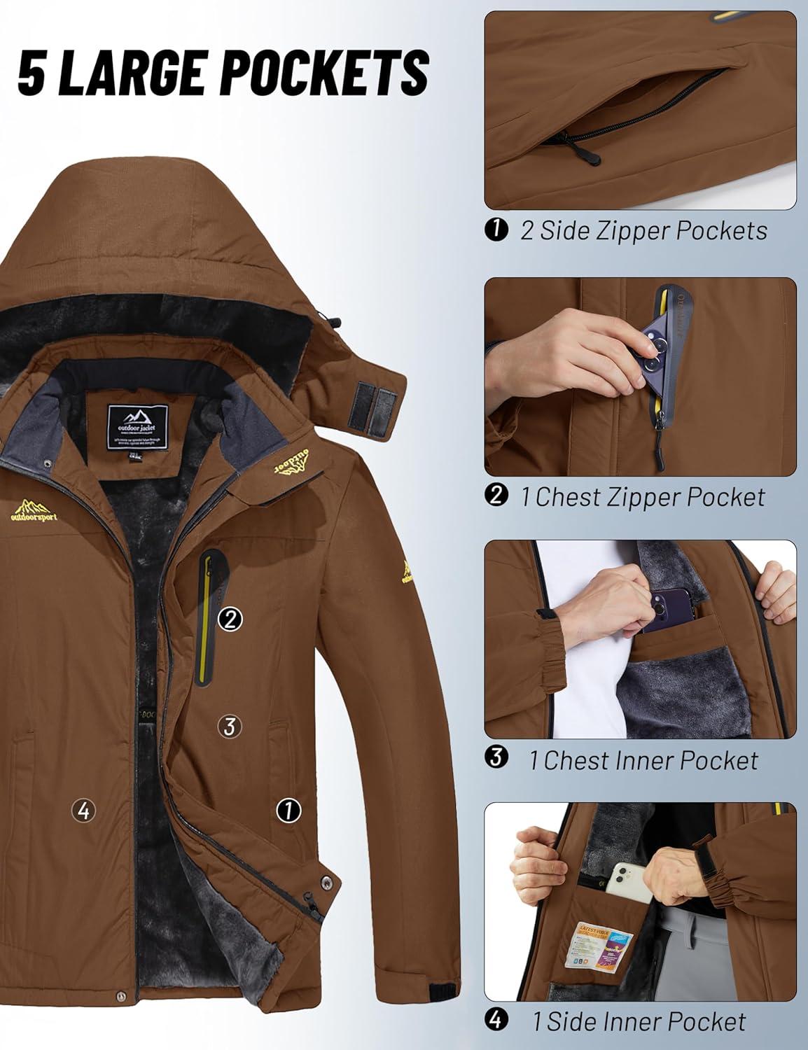 imageMAGCOMSEN Mens Winter Coats Water Resistant Snow Ski Jacket Fleece Lined Parka 5 PocketsCoffee