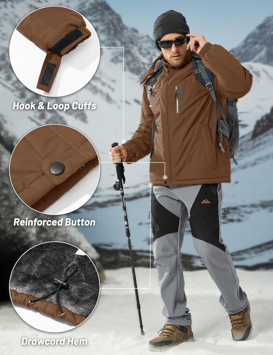imageMAGCOMSEN Mens Winter Coats Water Resistant Snow Ski Jacket Fleece Lined Parka 5 PocketsCoffee