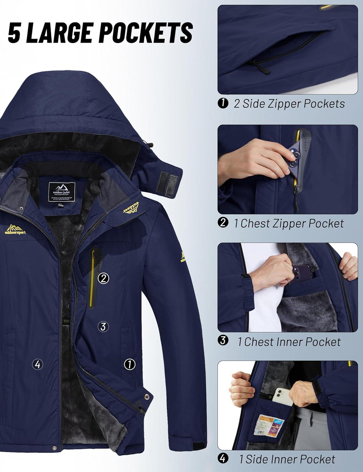 imageMAGCOMSEN Mens Winter Coats Water Resistant Snow Ski Jacket Fleece Lined Parka 5 PocketsDark Blue
