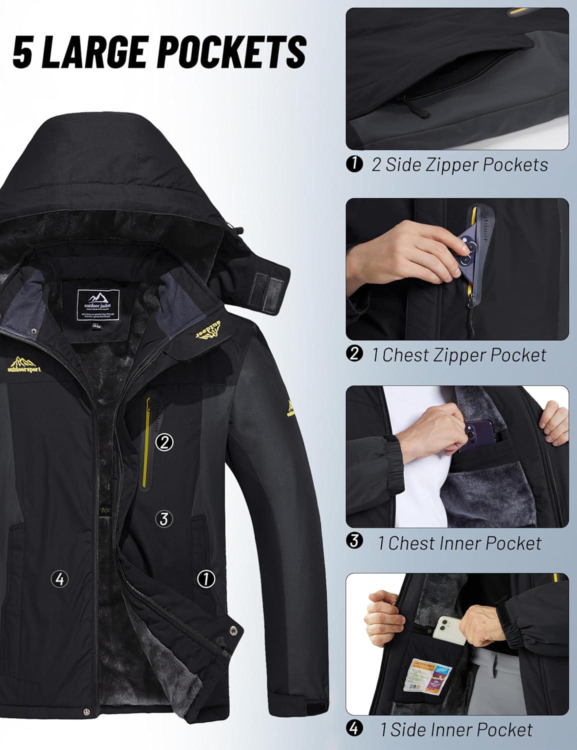 imageMAGCOMSEN Mens Winter Coats Water Resistant Snow Ski Jacket Fleece Lined Parka 5 PocketsDark Grey