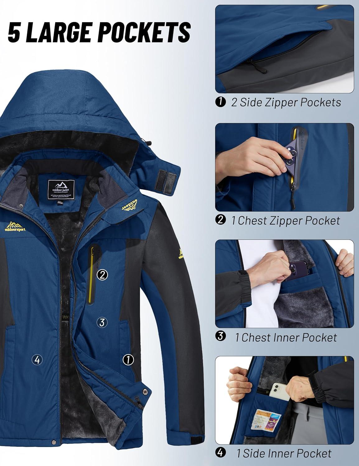imageMAGCOMSEN Mens Winter Coats Water Resistant Snow Ski Jacket Fleece Lined Parka 5 PocketsDenim Blue