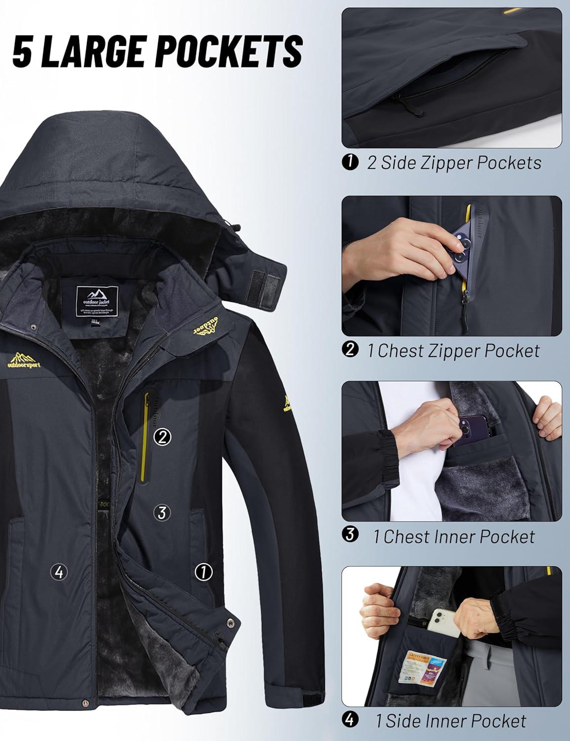 imageMAGCOMSEN Mens Winter Coats Water Resistant Snow Ski Jacket Fleece Lined Parka 5 PocketsGrey Black