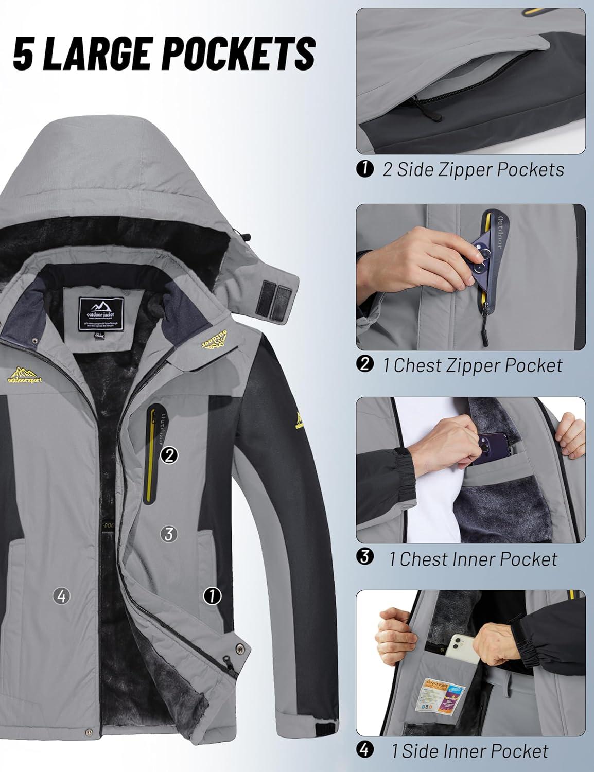 imageMAGCOMSEN Mens Winter Coats Water Resistant Snow Ski Jacket Fleece Lined Parka 5 PocketsLight Grey