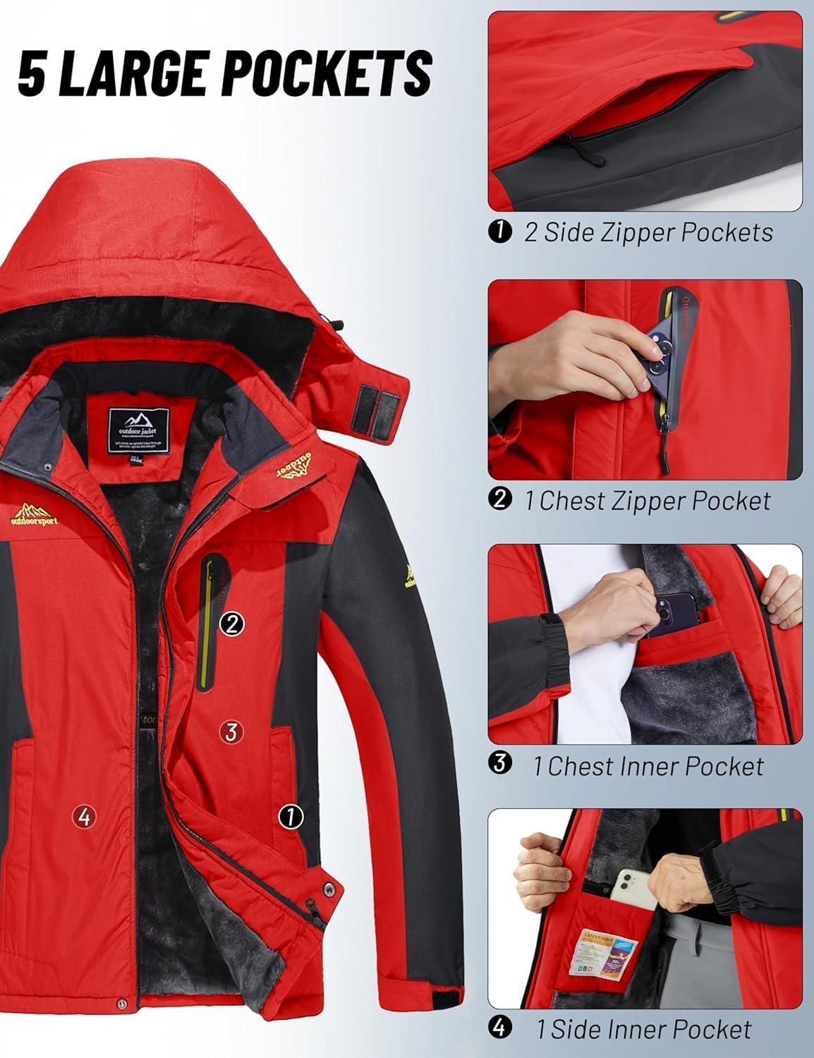 imageMAGCOMSEN Mens Winter Coats Water Resistant Snow Ski Jacket Fleece Lined Parka 5 PocketsRed