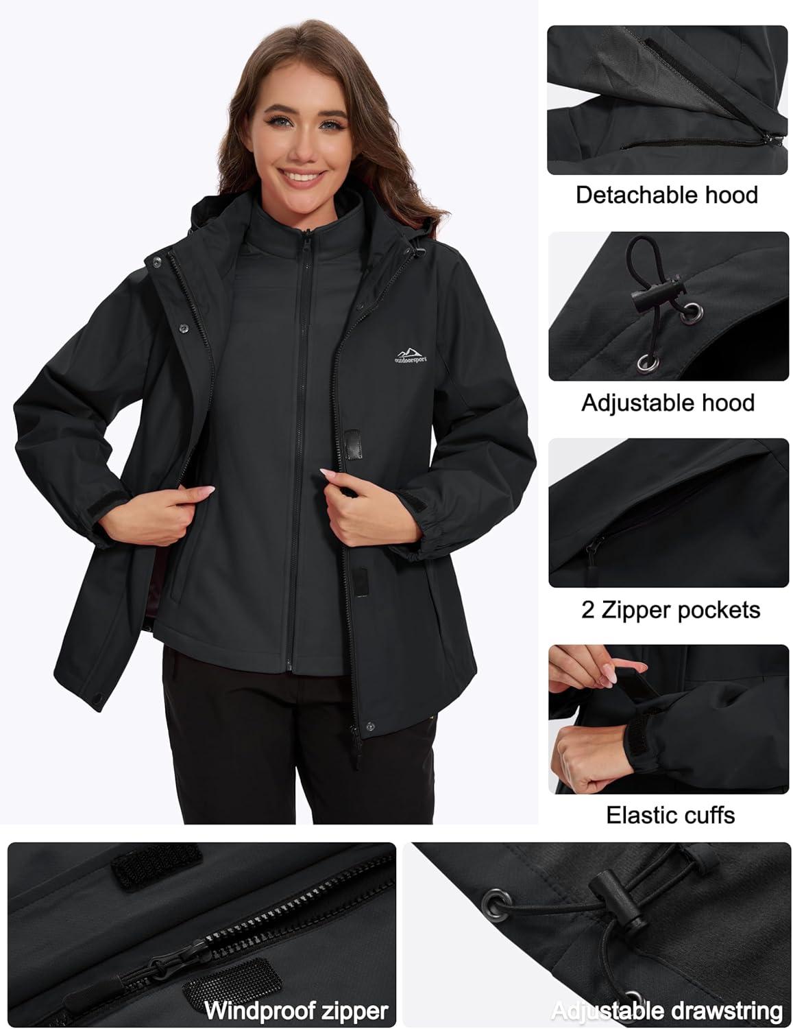 imageMAGCOMSEN Womens 3 in 1 Ski Jacket Water Resistant Winter Snow Coat Warm Fleece Lined Windproof Hiking Rain OutwearBlack
