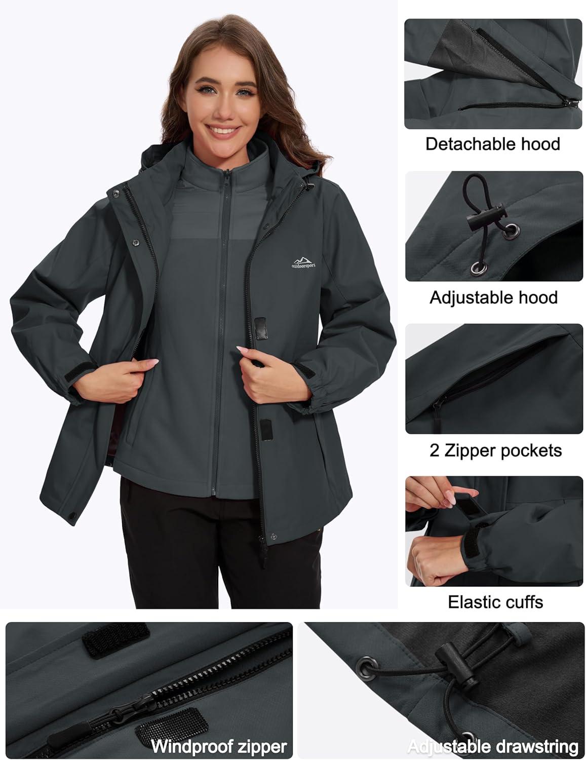imageMAGCOMSEN Womens 3 in 1 Ski Jacket Water Resistant Winter Snow Coat Warm Fleece Lined Windproof Hiking Rain OutwearCarbongrey