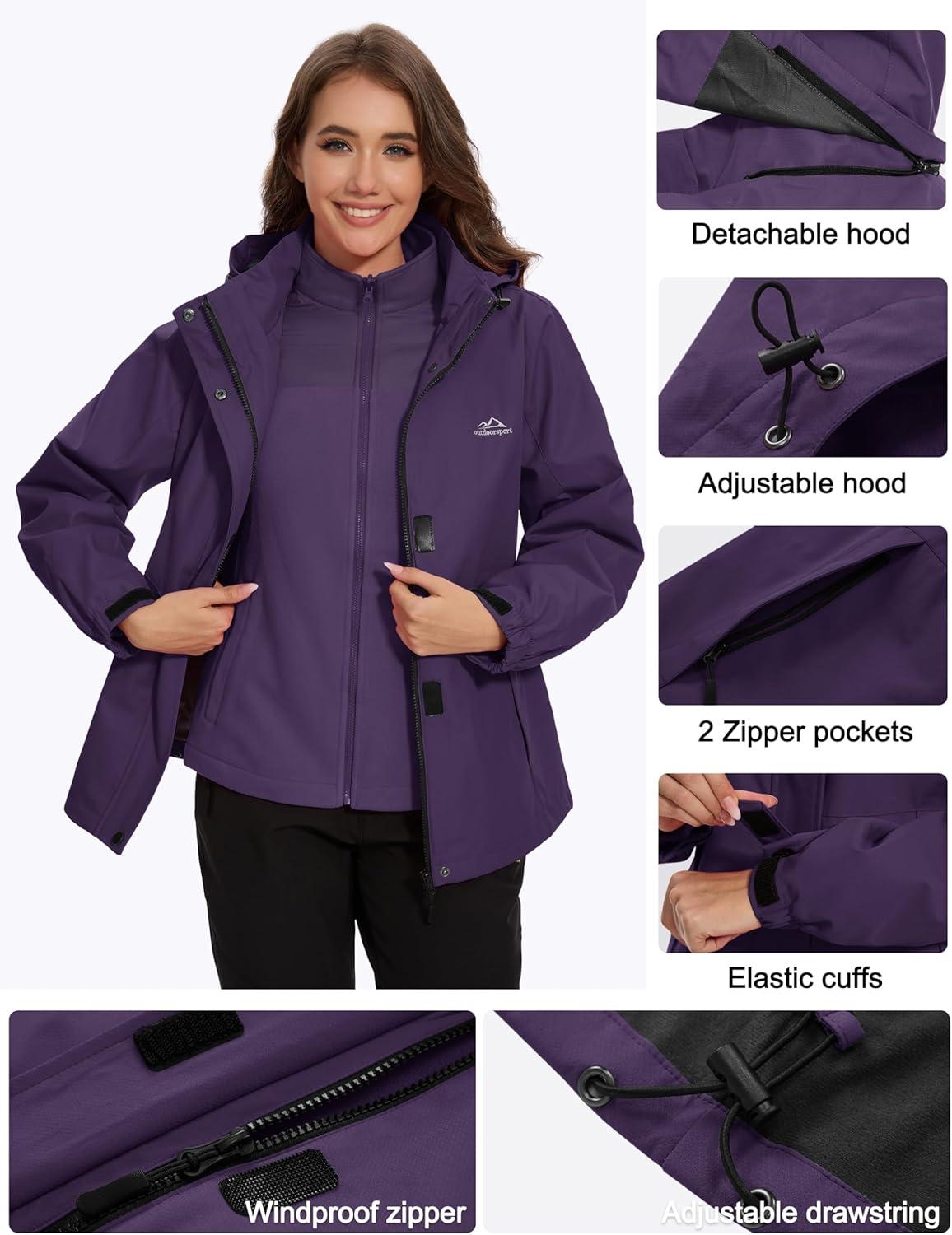 imageMAGCOMSEN Womens 3 in 1 Ski Jacket Water Resistant Winter Snow Coat Warm Fleece Lined Windproof Hiking Rain OutwearDeeppurple