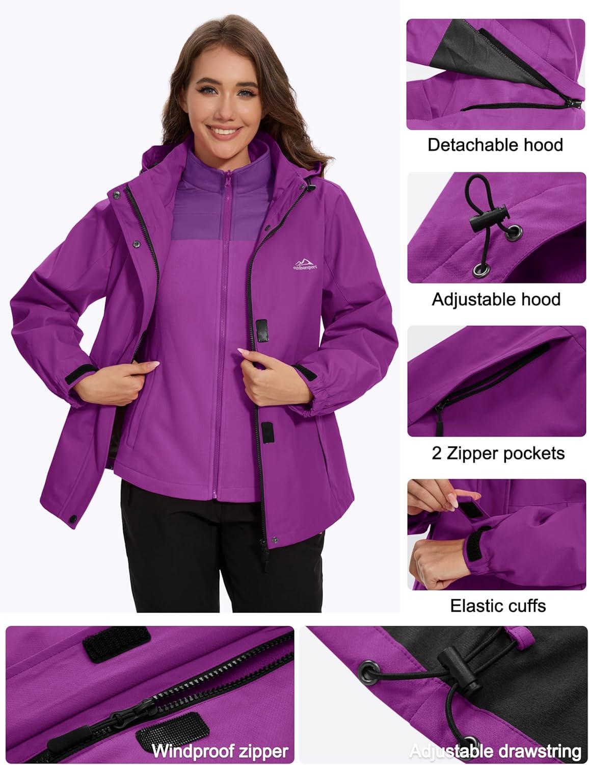 imageMAGCOMSEN Womens 3 in 1 Ski Jacket Water Resistant Winter Snow Coat Warm Fleece Lined Windproof Hiking Rain OutwearPurple