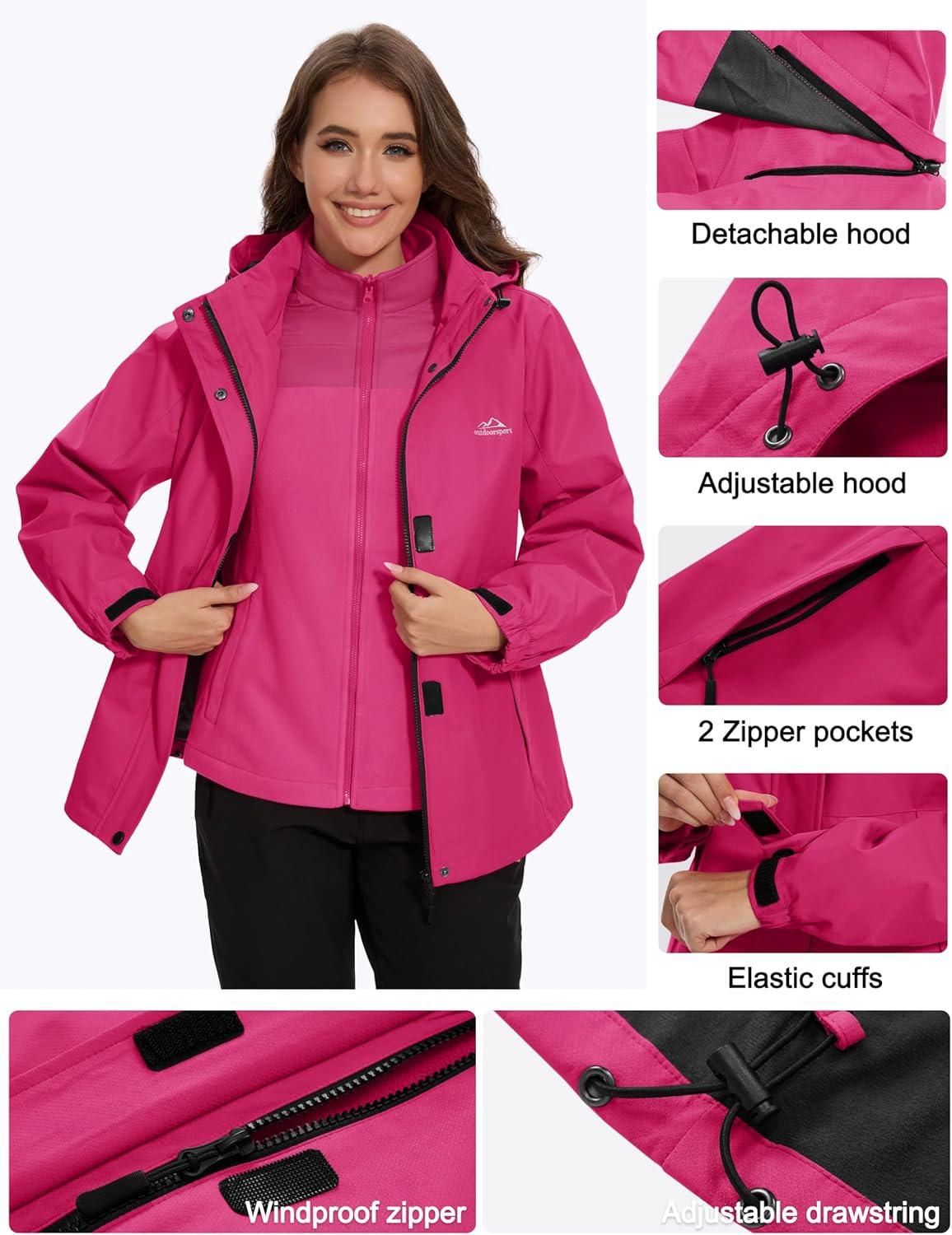 imageMAGCOMSEN Womens 3 in 1 Ski Jacket Water Resistant Winter Snow Coat Warm Fleece Lined Windproof Hiking Rain OutwearRosered