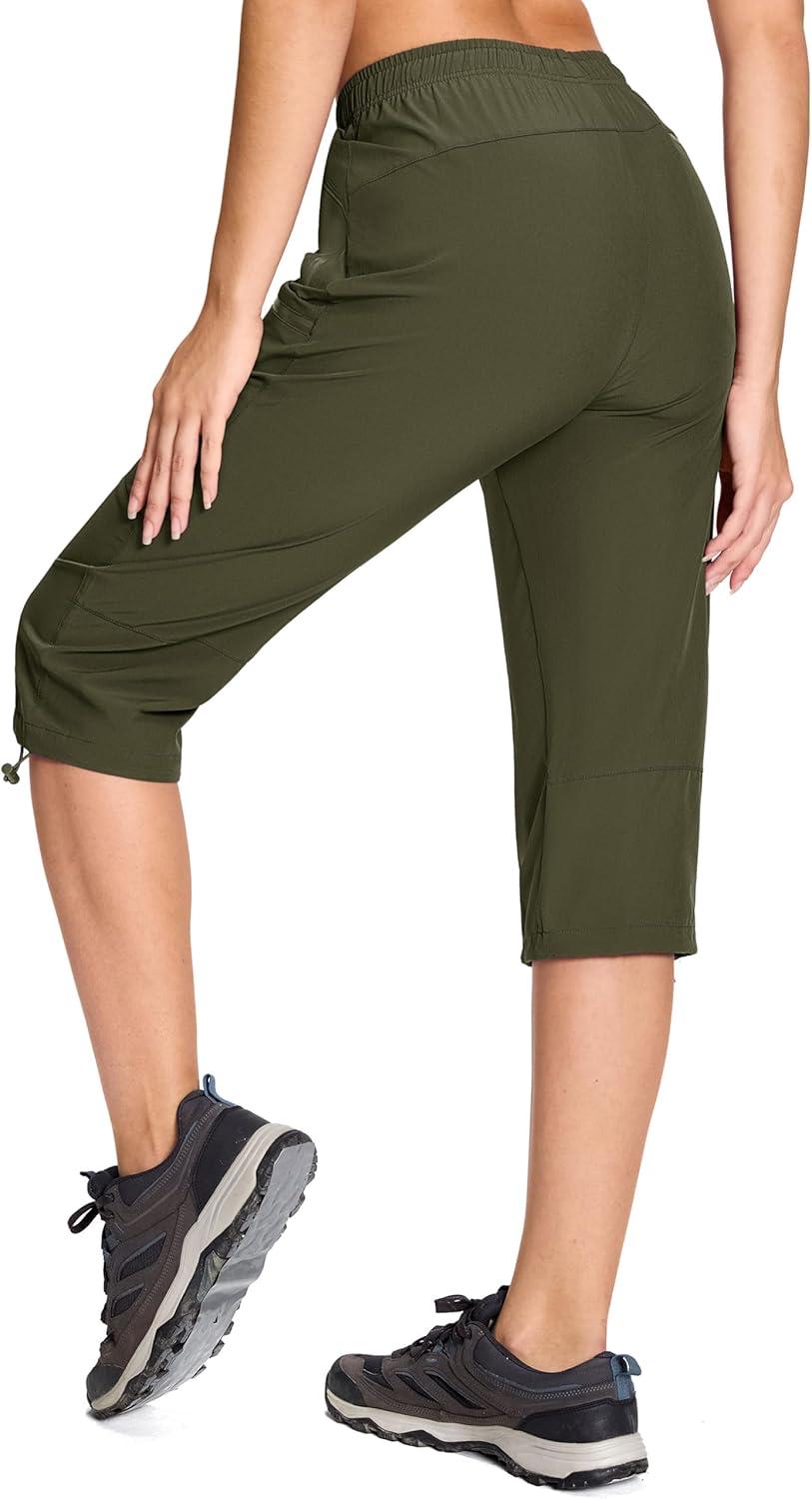 imageMAGCOMSEN Womens Capri Pants UPF 50 Lightweight Hiking Cargo Capri Joggers Quick Dry Golf Summer Pants with 5 PocketsArmy Green