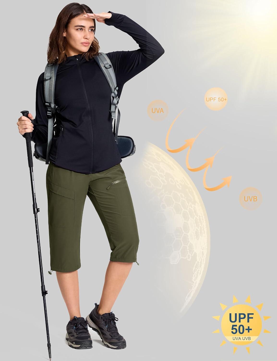 imageMAGCOMSEN Womens Capri Pants UPF 50 Lightweight Hiking Cargo Capri Joggers Quick Dry Golf Summer Pants with 5 PocketsArmy Green