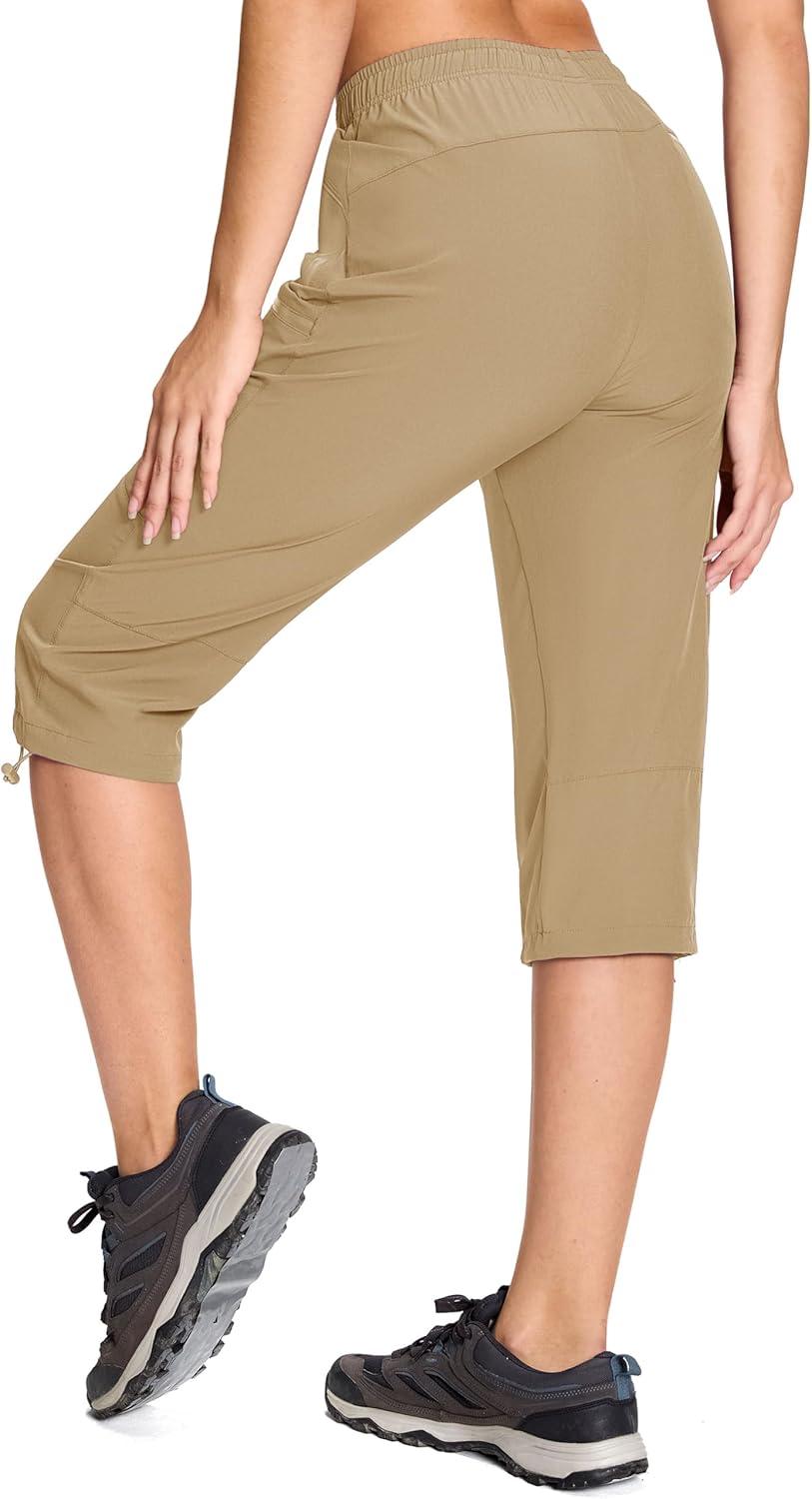 imageMAGCOMSEN Womens Capri Pants UPF 50 Lightweight Hiking Cargo Capri Joggers Quick Dry Golf Summer Pants with 5 PocketsKhaki
