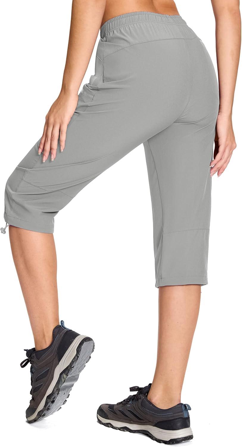 imageMAGCOMSEN Womens Capri Pants UPF 50 Lightweight Hiking Cargo Capri Joggers Quick Dry Golf Summer Pants with 5 PocketsLight Grey