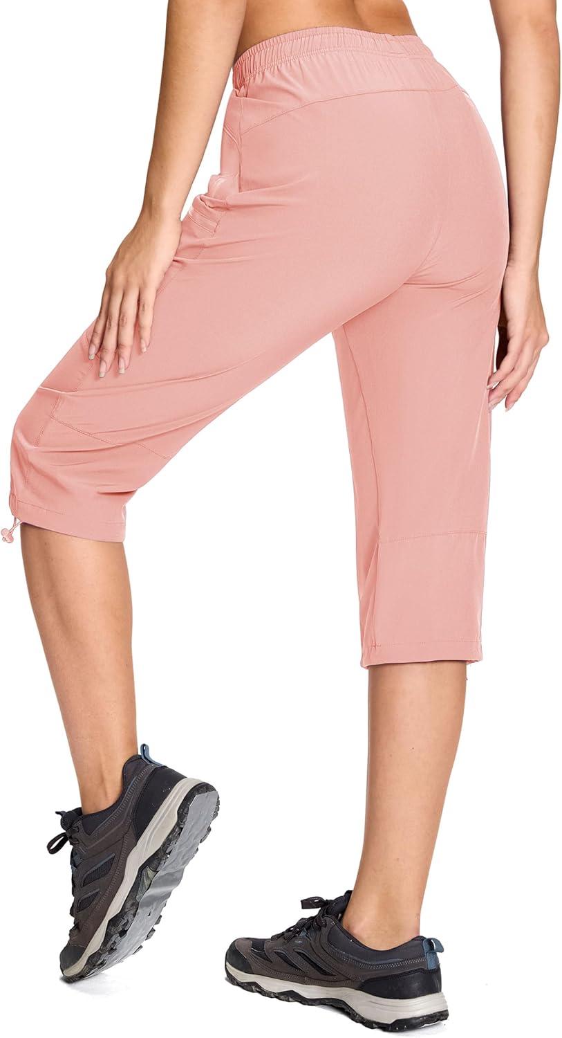 imageMAGCOMSEN Womens Capri Pants UPF 50 Lightweight Hiking Cargo Capri Joggers Quick Dry Golf Summer Pants with 5 PocketsPeach