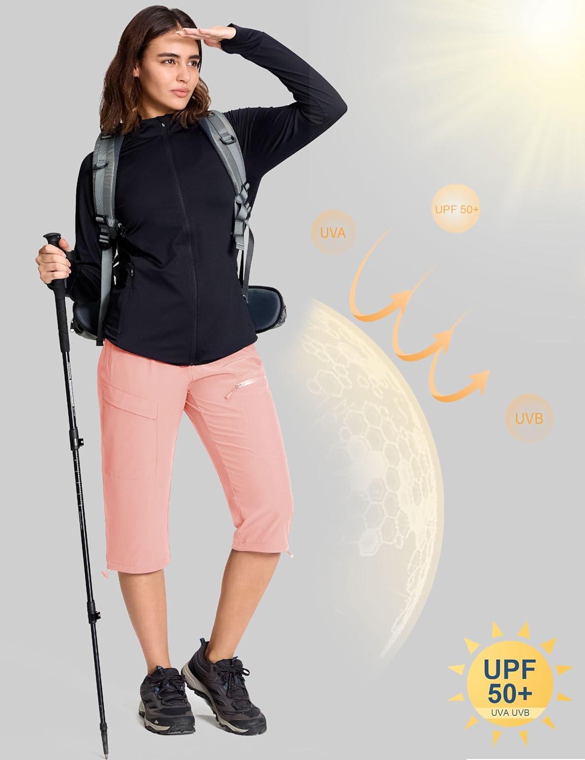 imageMAGCOMSEN Womens Capri Pants UPF 50 Lightweight Hiking Cargo Capri Joggers Quick Dry Golf Summer Pants with 5 PocketsPeach