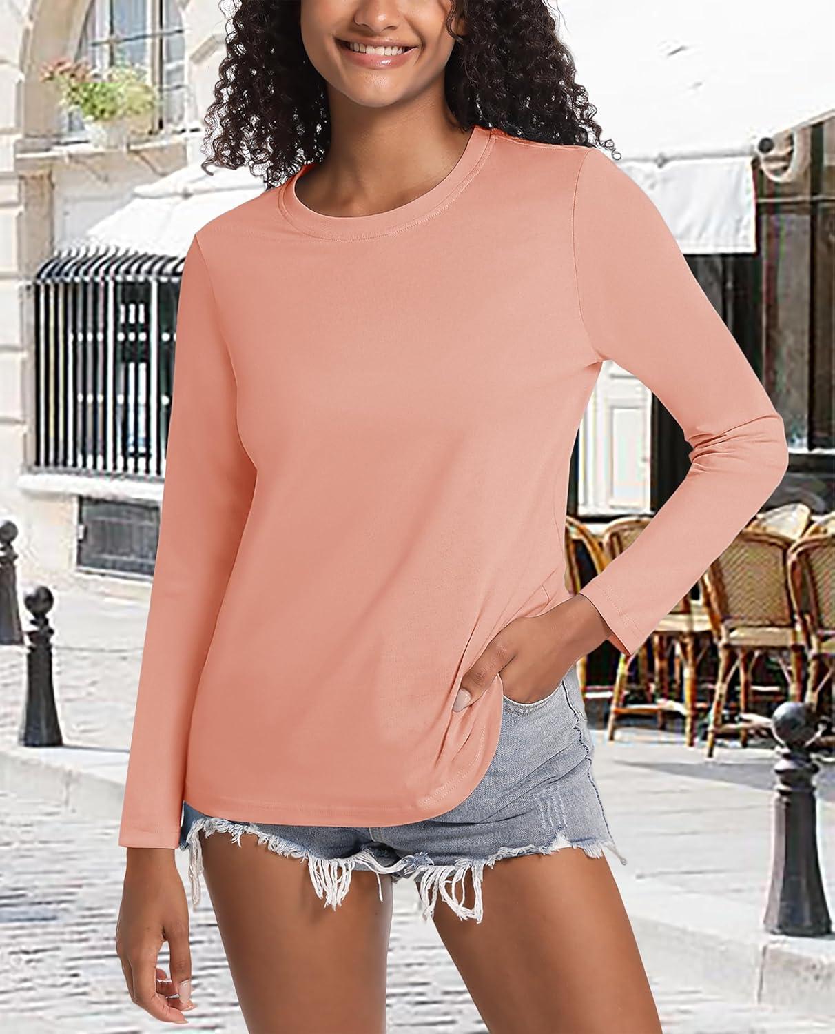 imageMAGCOMSEN Womens LongSleeve CrewNeck Cotton TShirt ClassicFit Shirt Soft Breathable Casual Tee Basic TopsApricot