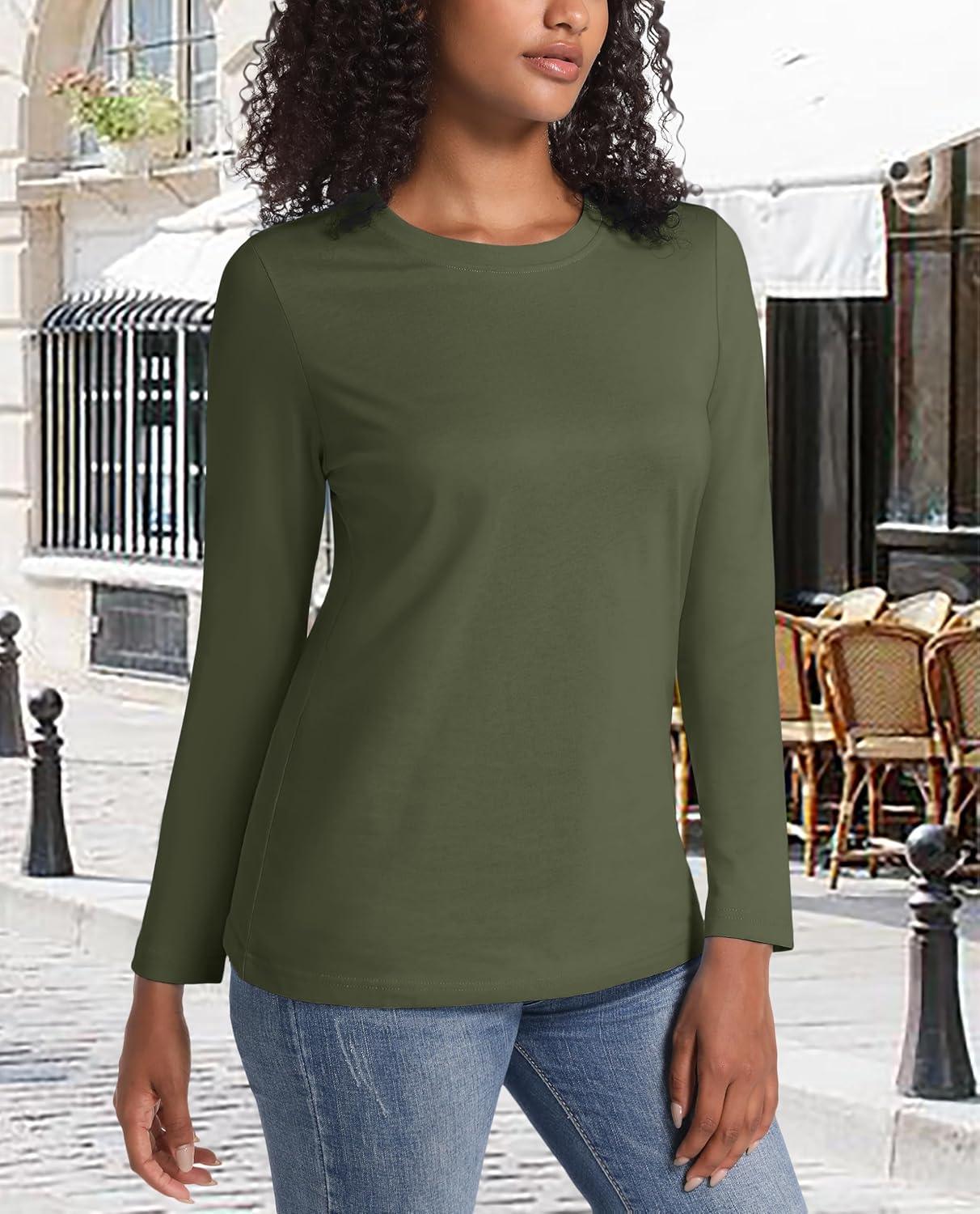 imageMAGCOMSEN Womens LongSleeve CrewNeck Cotton TShirt ClassicFit Shirt Soft Breathable Casual Tee Basic TopsArmy Green