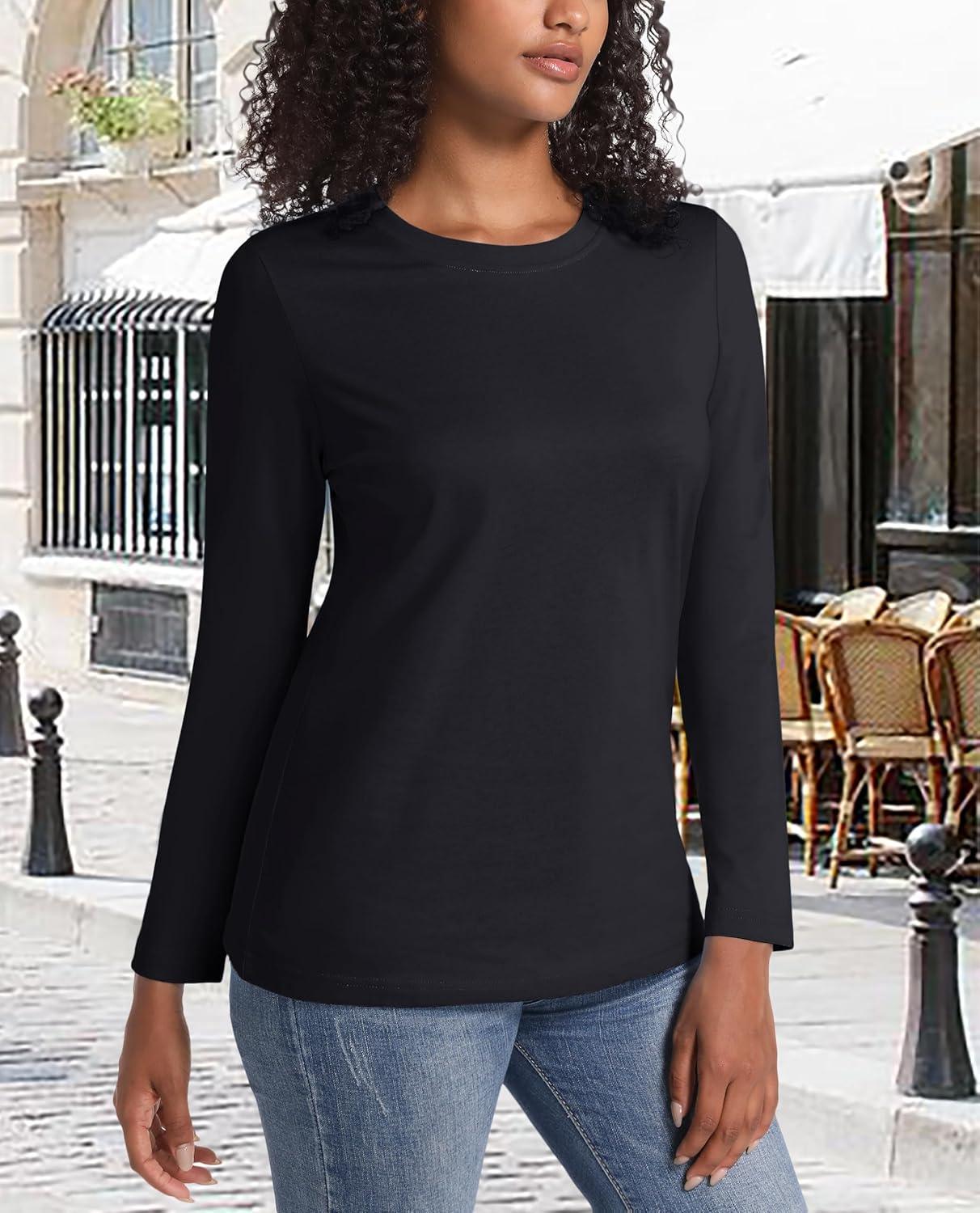 imageMAGCOMSEN Womens LongSleeve CrewNeck Cotton TShirt ClassicFit Shirt Soft Breathable Casual Tee Basic TopsBlack