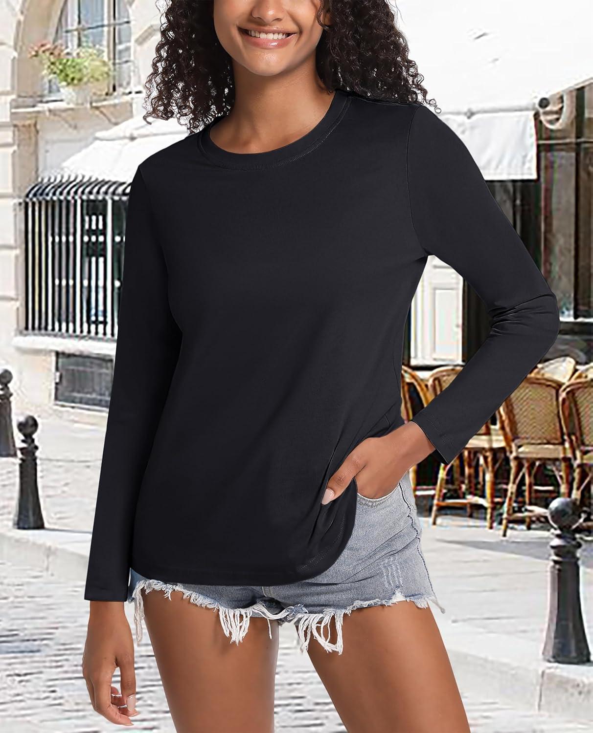 imageMAGCOMSEN Womens LongSleeve CrewNeck Cotton TShirt ClassicFit Shirt Soft Breathable Casual Tee Basic TopsBlack