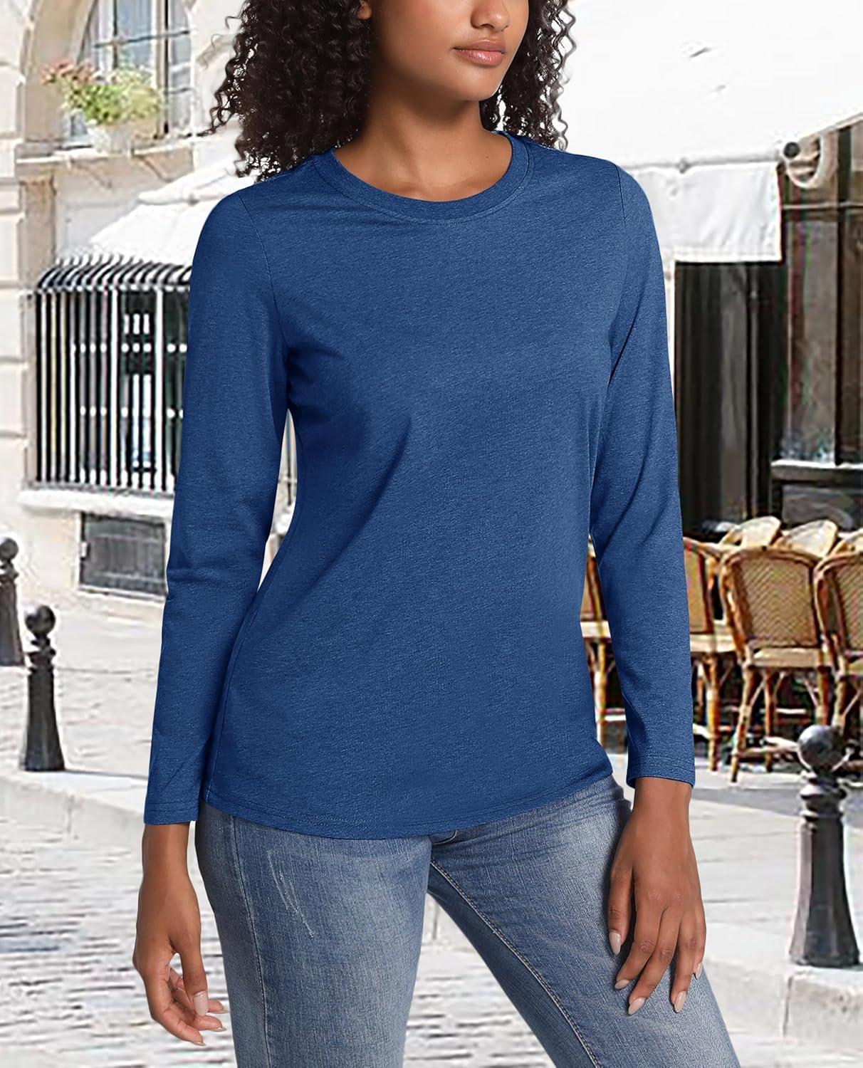 imageMAGCOMSEN Womens LongSleeve CrewNeck Cotton TShirt ClassicFit Shirt Soft Breathable Casual Tee Basic TopsDark Bluegray