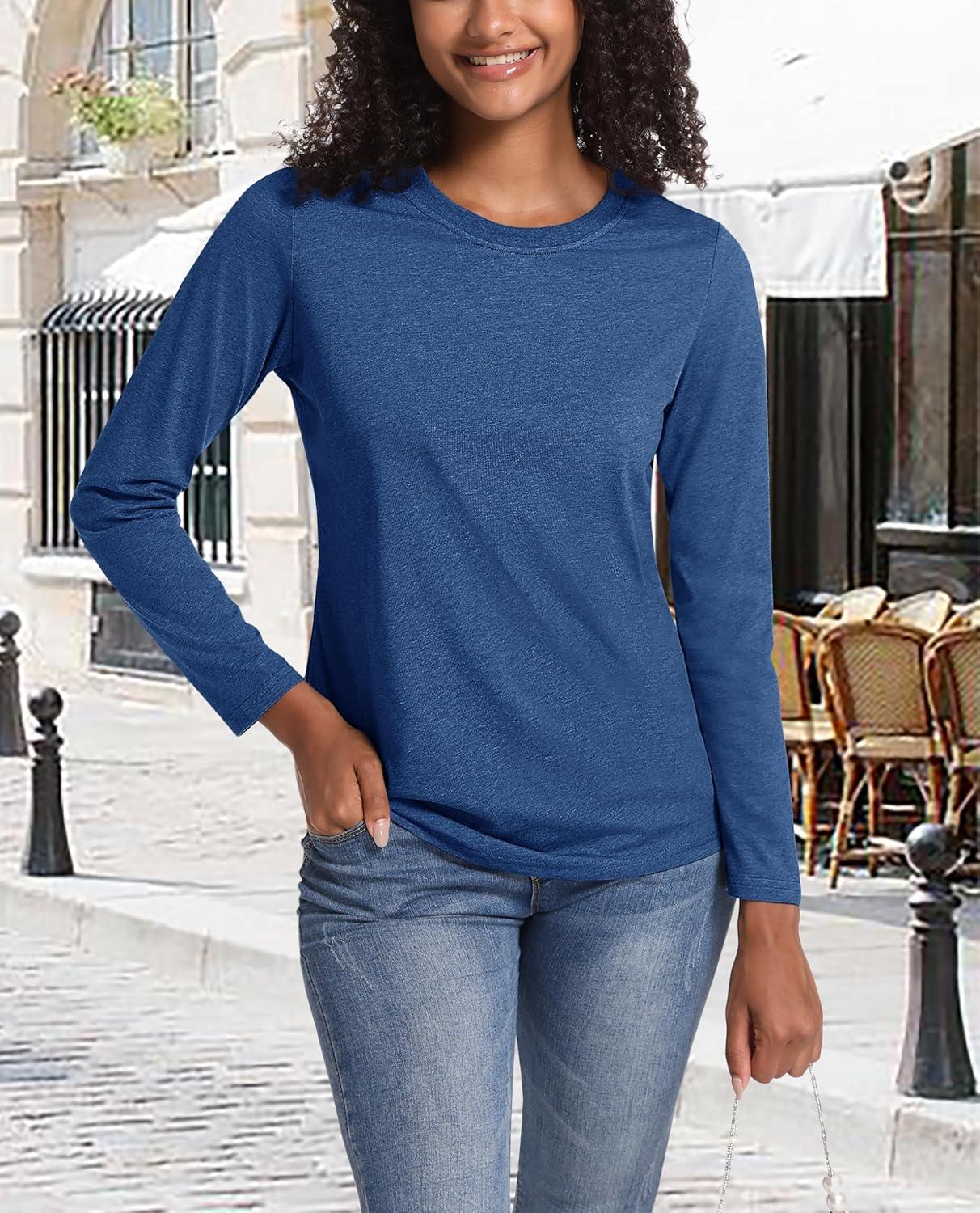 imageMAGCOMSEN Womens LongSleeve CrewNeck Cotton TShirt ClassicFit Shirt Soft Breathable Casual Tee Basic TopsDark Bluegray
