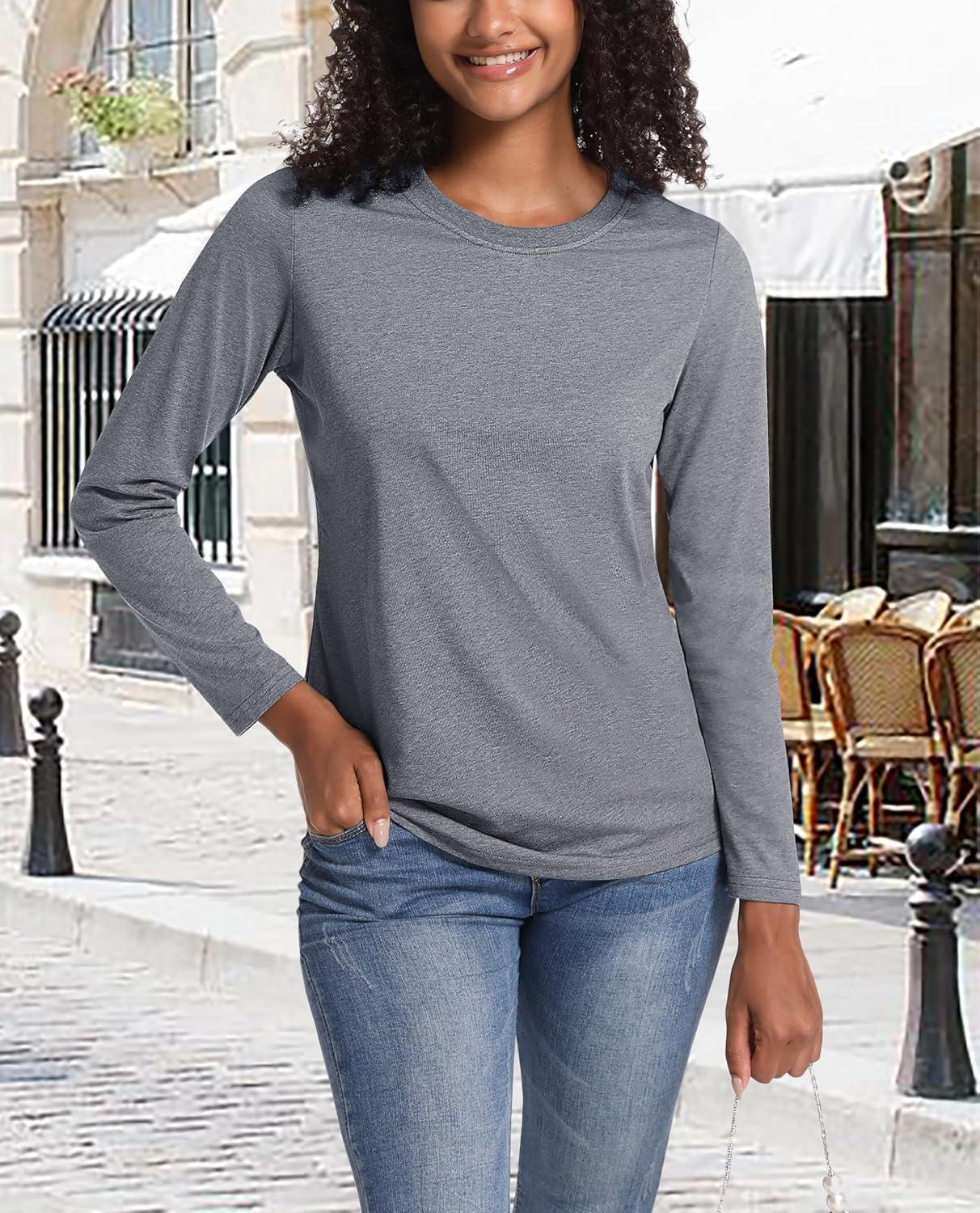 imageMAGCOMSEN Womens LongSleeve CrewNeck Cotton TShirt ClassicFit Shirt Soft Breathable Casual Tee Basic TopsDark Gray