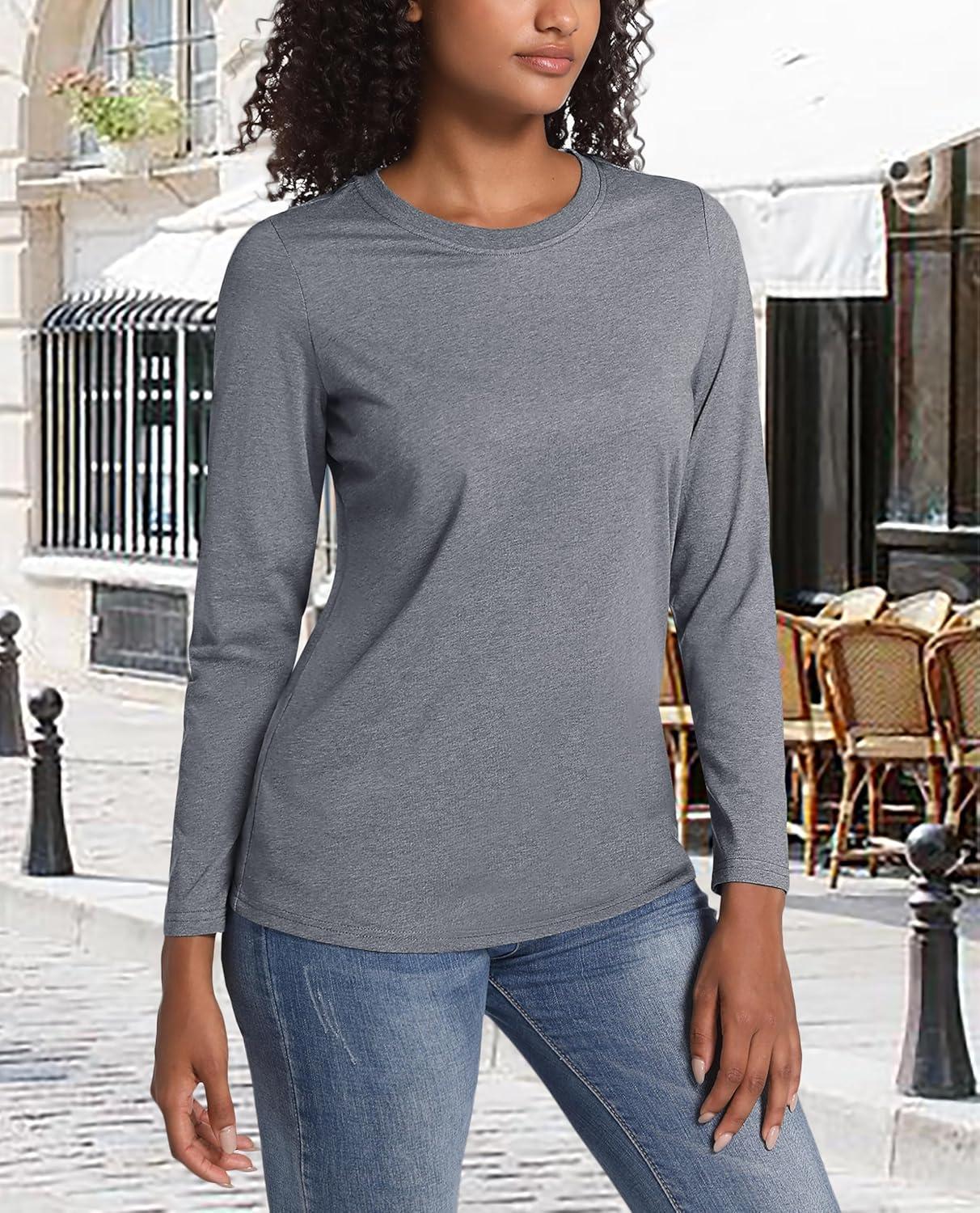 imageMAGCOMSEN Womens LongSleeve CrewNeck Cotton TShirt ClassicFit Shirt Soft Breathable Casual Tee Basic TopsDark Gray